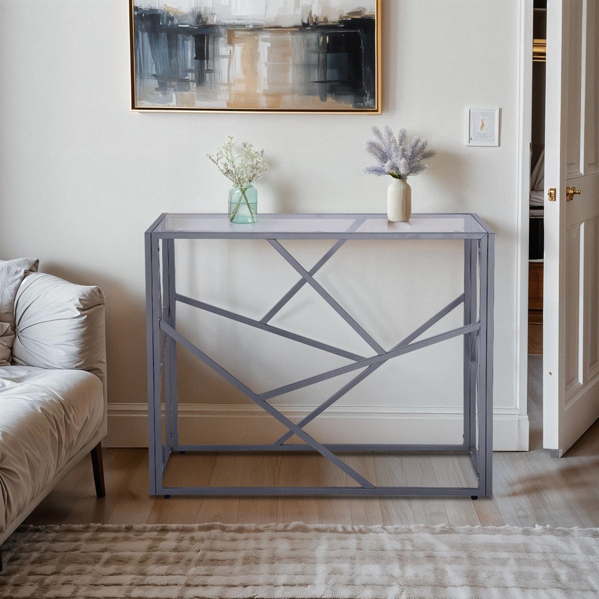 Consolle da ingresso design moderno 100x40x78cm con piano in vetro