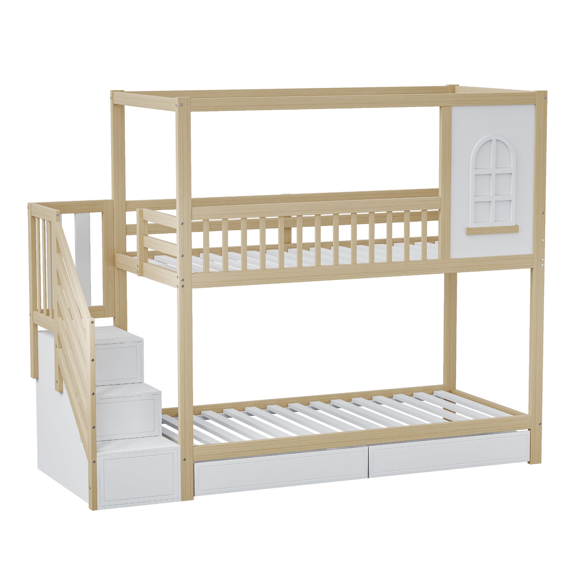 Letto per bambini 90x200cm casa con finestre scala con cassetti barriera sicurezza legno legno naturale (Sem materasso) - 7