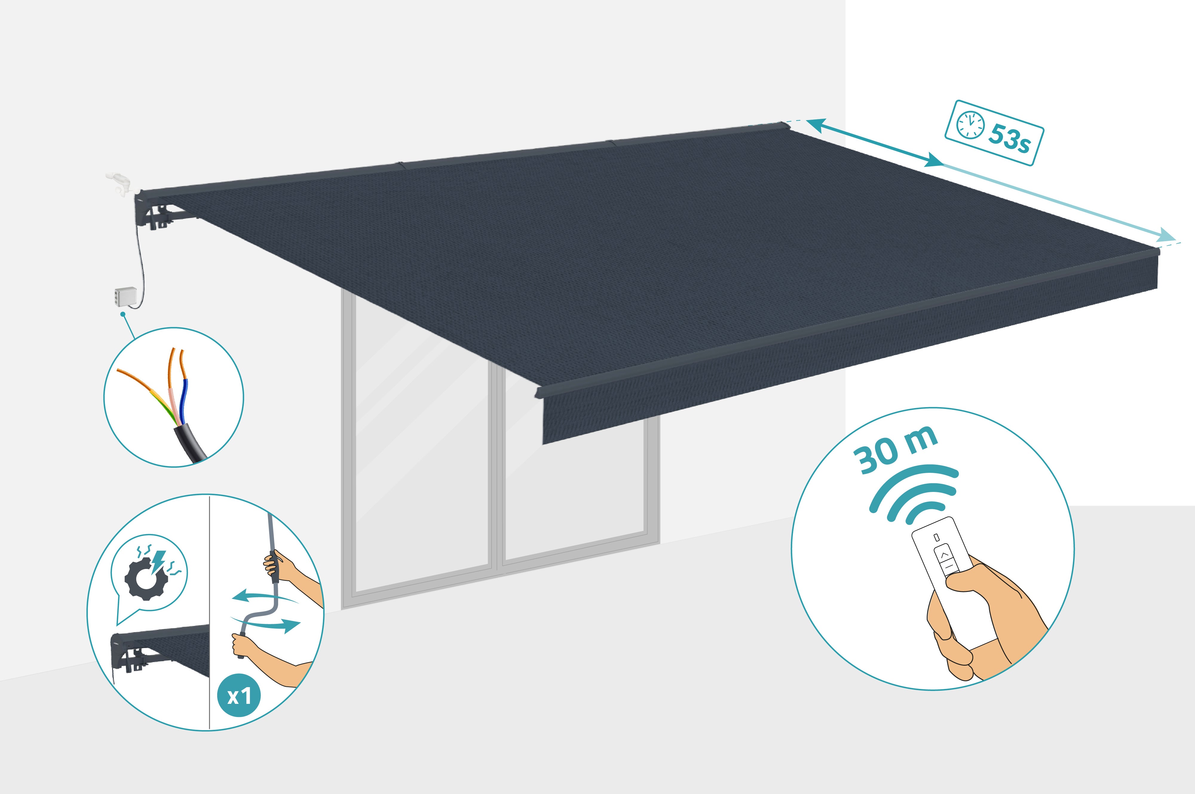 Store banne motorisé semi-coffre FAZZIO 5x3m - Toile premium 320g/m2 Gris - 7