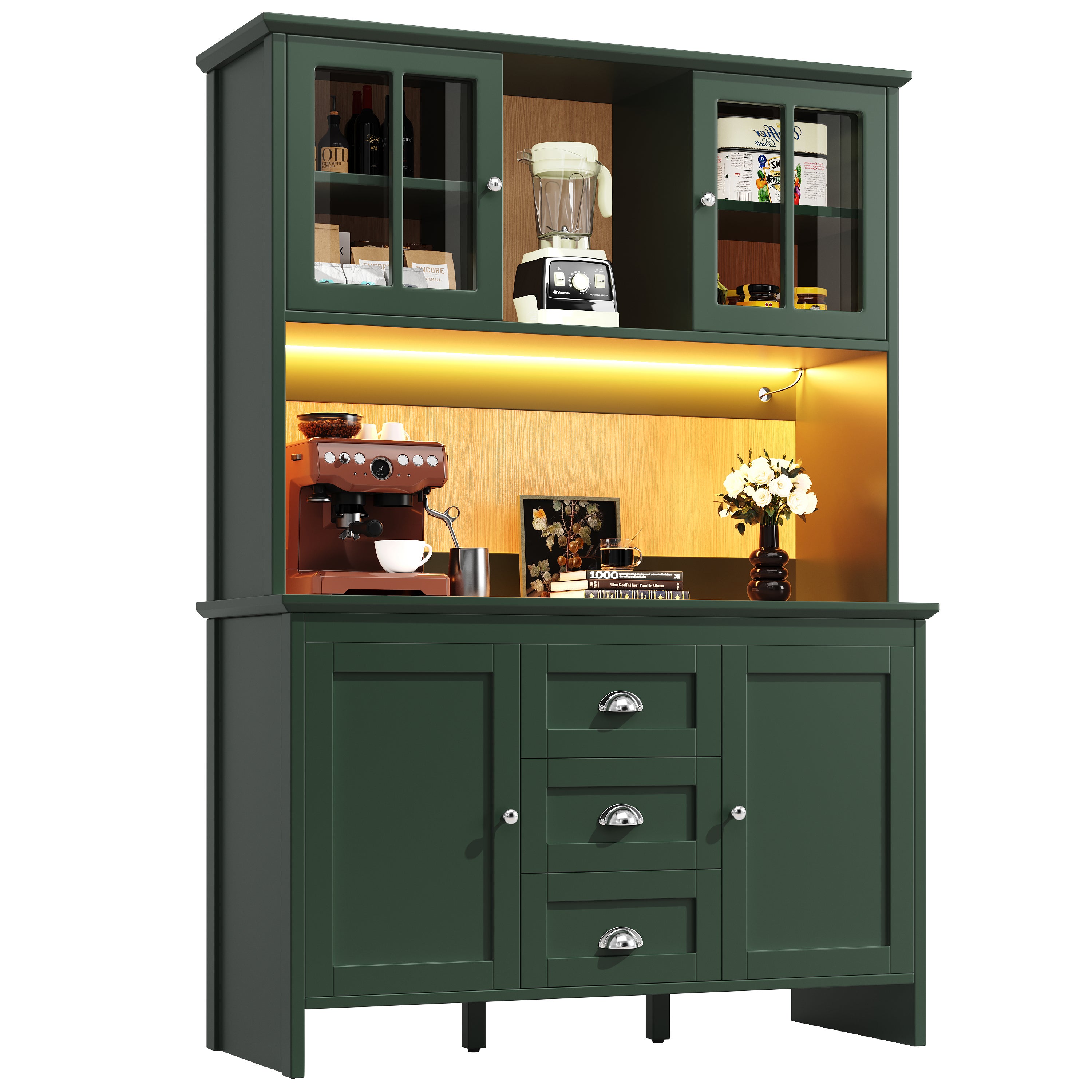 Buffet de cuisine avec 4 portes et 3 tiroirs, vitrine - 120 x 40 x 179 cm - LEDs - MDF et verre - Vert - 6