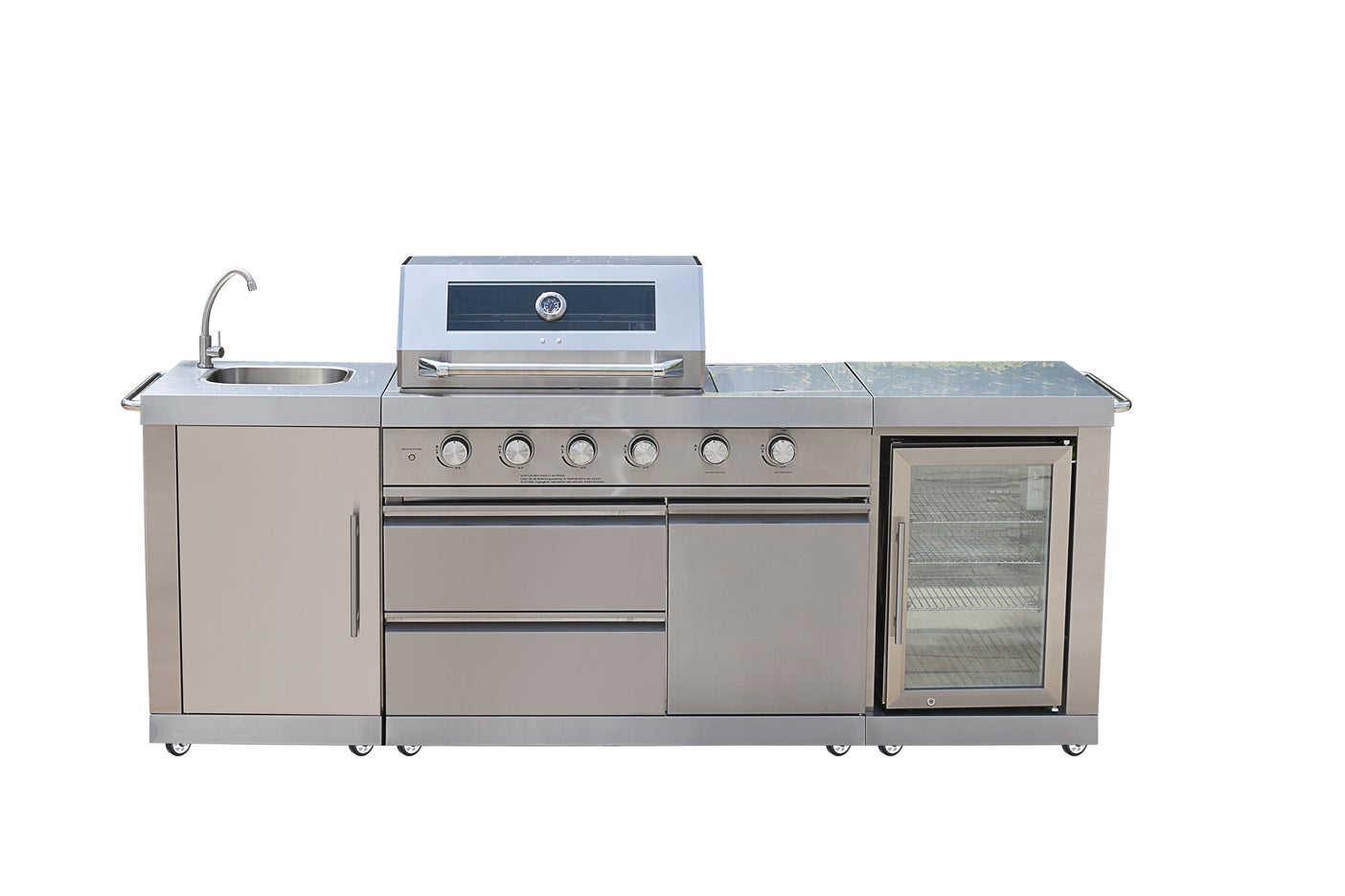 Stalowa kuchnia ogrodowa z grillem, zlewem, kuchenką i lodówką