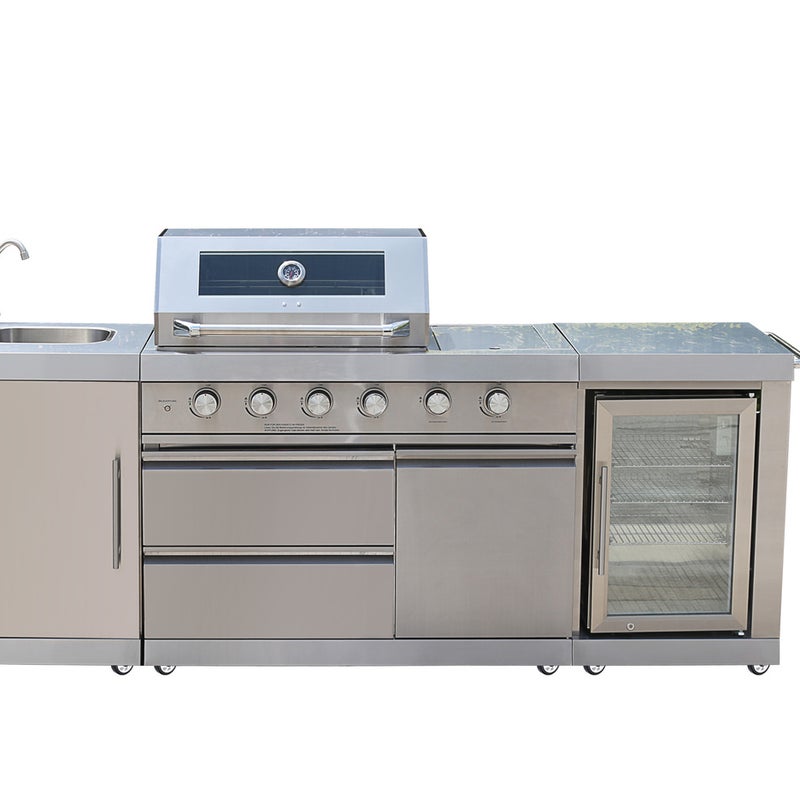 Stalowa kuchnia ogrodowa z grillem, zlewem, kuchenką i lodówką