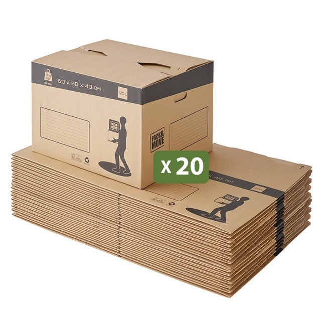 Carton déménagement automatique - Fermeture sans scotch - 60 x 50 x 40 cm - Lot 20 - Poignées renforcées