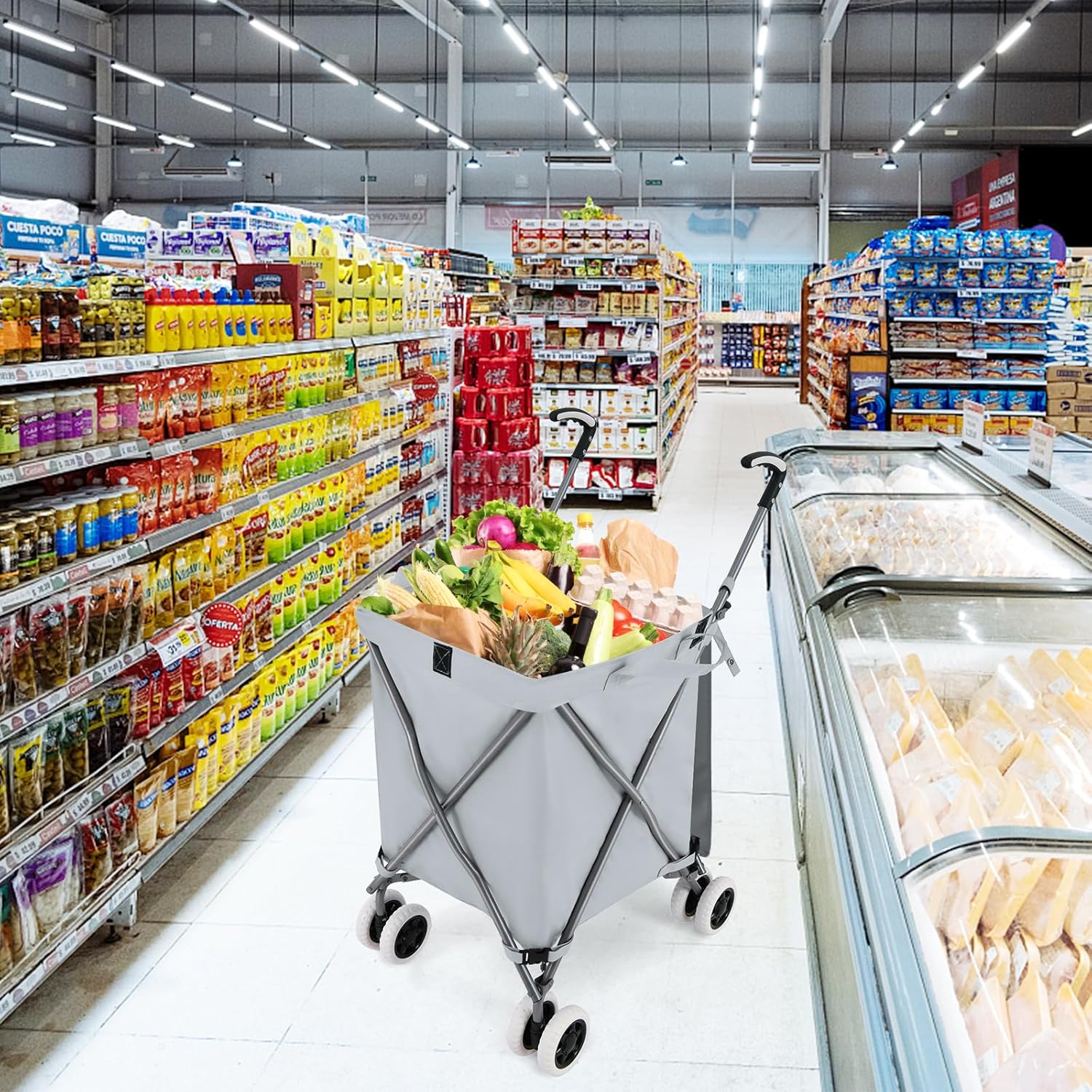 Carrello Spesa Pieghevole con Ruote, Carrello Portaspesa con Fodera in Tessuto Oxford Rimovibile e Impermeabile, 90L, Capacità di peso 55 kg ( - 2