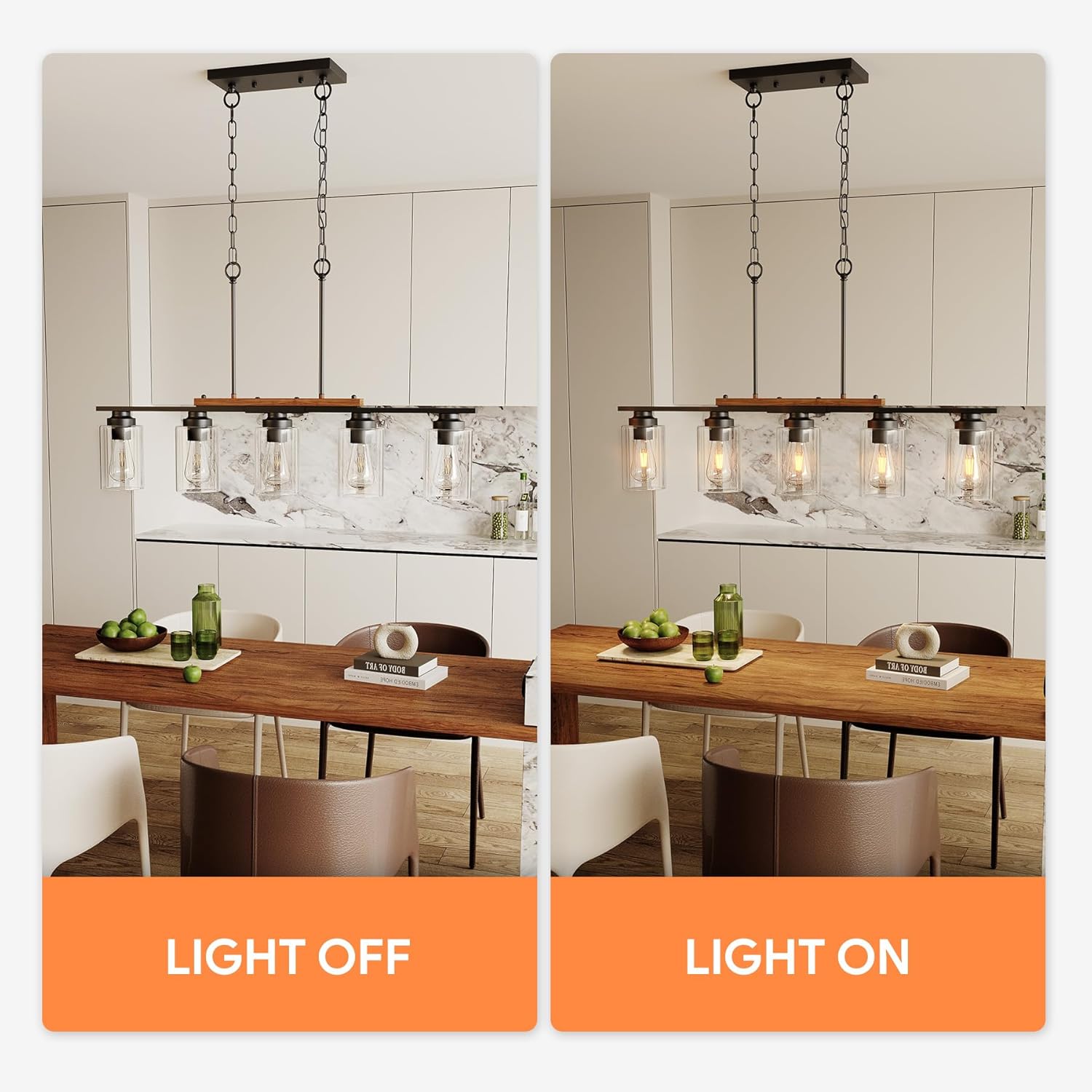 5-punktowy żyrandol kuchenny z regulowanymi prętami, rustykalny wystrój, metalowa lampa wisząca ze szklanym kloszem, oświetlenie wyspy kuchennej - 3