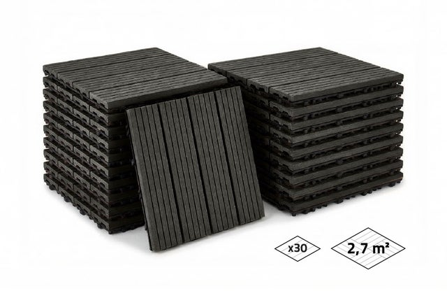 Lot de 30 dalles clipsables terrasse en composite SERRA gris rainuré 30x30cm