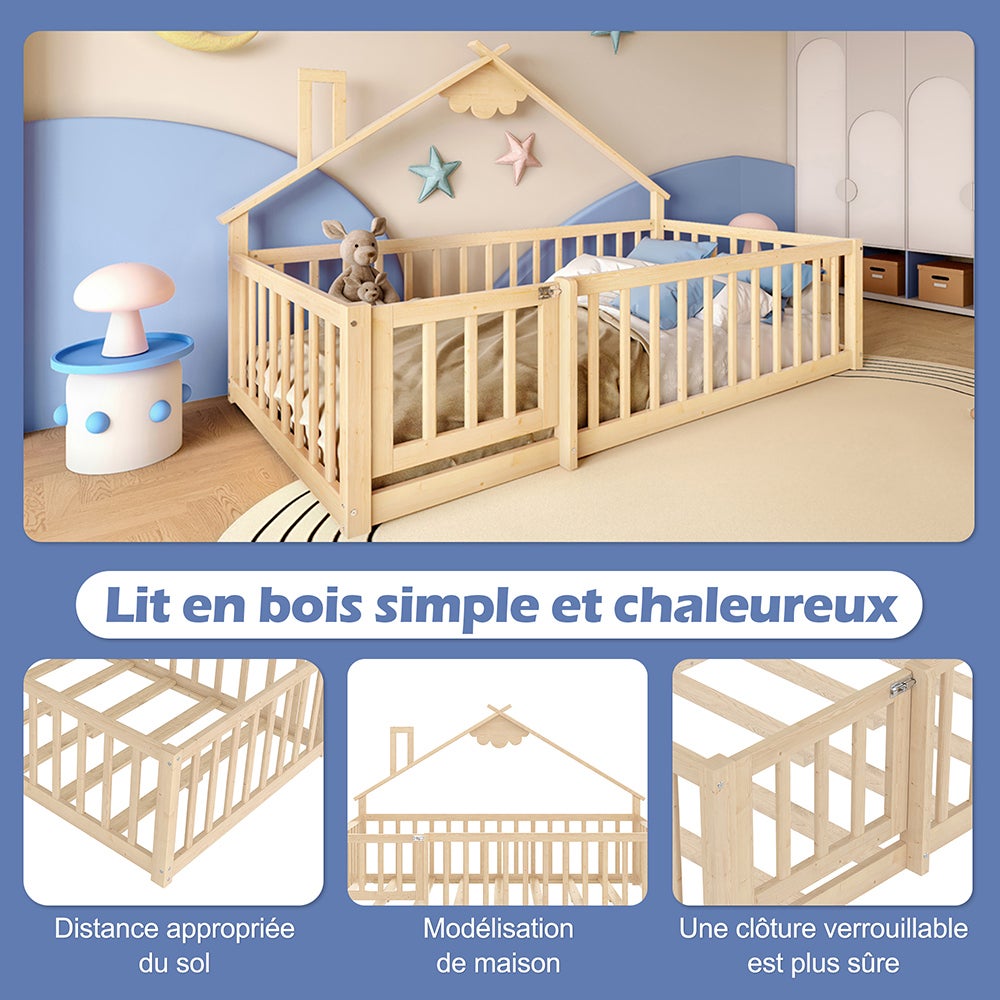Lit cabane lit enfant 90x190 cm bordure barrière avec serrure bois de pin naturel - 9