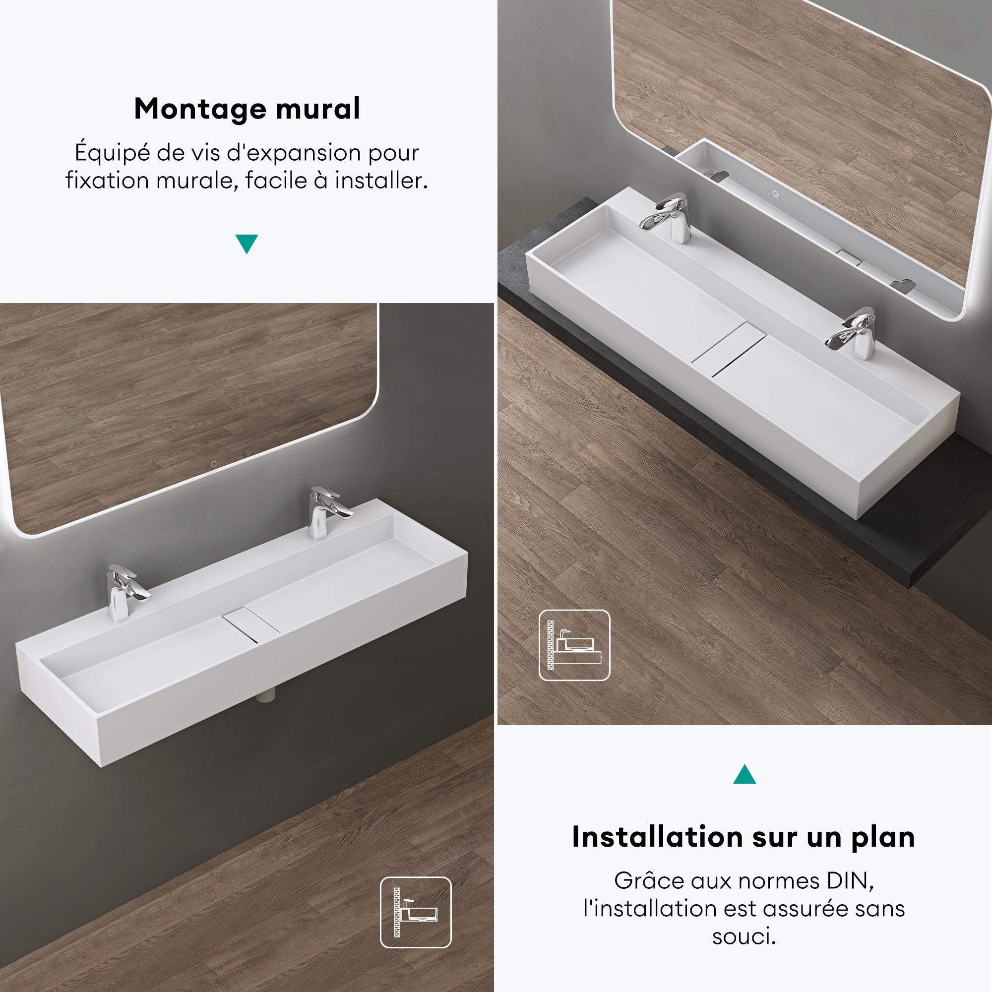 doporro Vasque à Poser Blanc Mat Lavabo de Salle de Bains Suspendu 120cm Lave Mains Rectangulaire avec Cache Bonde Colossum6028 - 6