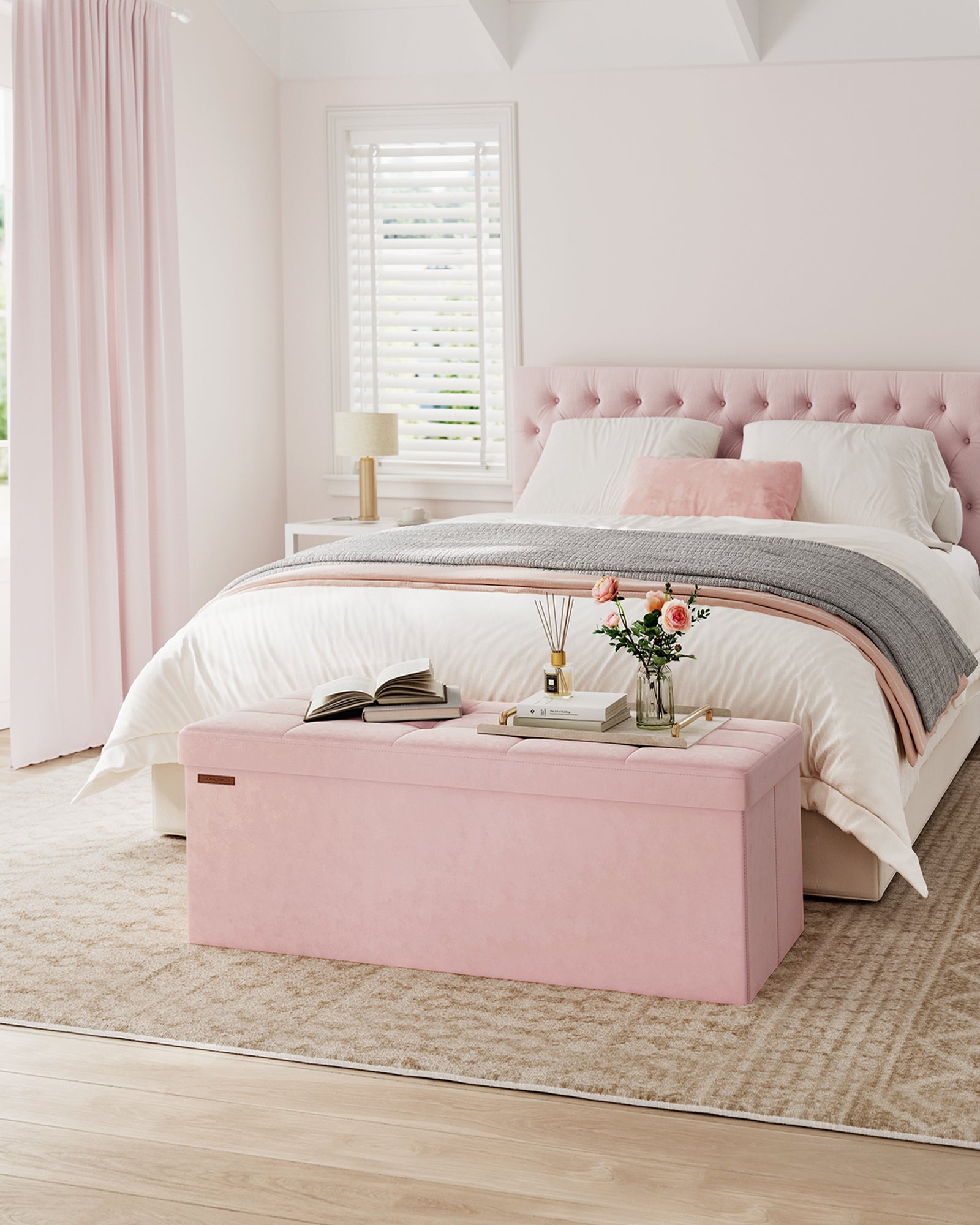 Banc de Rangement, Pouf en Velours, avec Couvercle, avec 2 Boîtes, Séparateur Amovible, 38 x 110 x 38 cm, Capacité de Charge 300 kg, Rose Bonbon - 2