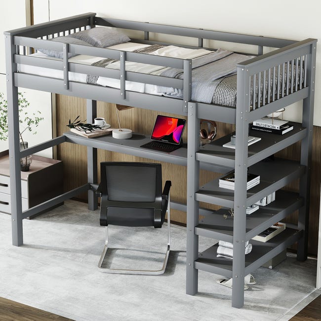 Lit mezzanine 2 places - 2 x 90 x 200 cm - avec bureau et étagère de rangement - bois massif - coloris blanc Lit mezzanine 2 places - 2 x 90 x 200 cm - avec bureau et étagère de rangement - bois massif - coloris blanc