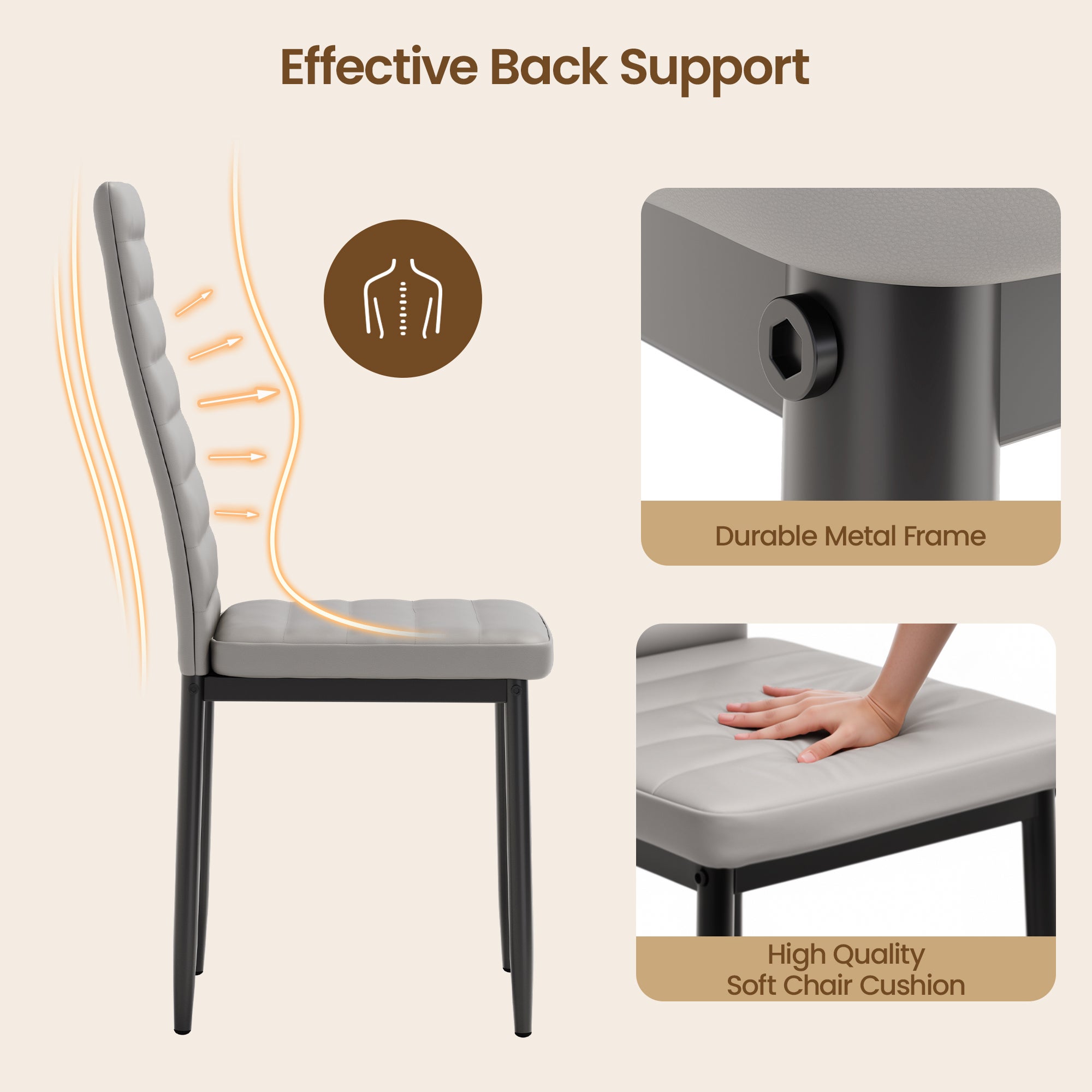 Bealife 4 Cadeiras de Sala de Jantar Conjunto de 4 Cadeiras de Cozinha Assento Acolchoado em Couro PU Perna de Metal Base de Borracha Cinza - 5