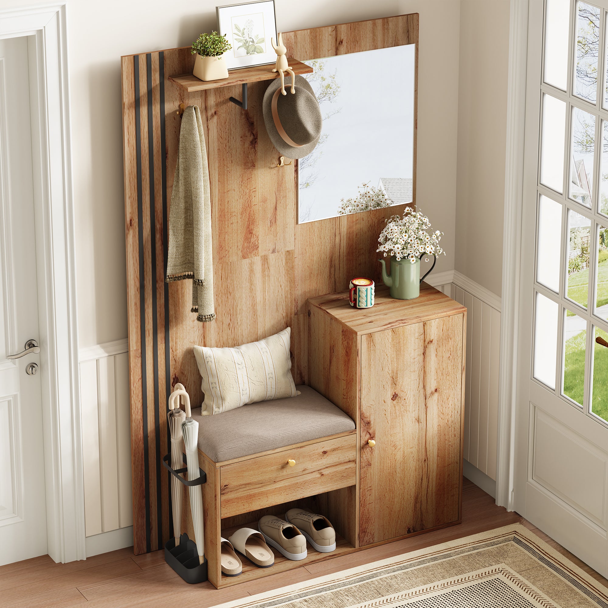 Ensemble vestiaire d'entrée 115x37x185 cm - avec miroir et crochets - acec siège rembourré - Porte-parapluie - Naturel - 3