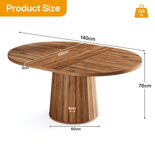 Tribesigns Owalny stół do jadalni dla 6 osób, 140 cm, z drewnianym blatem i cylindryczną podstawą do jadalni (brązowy) - 4