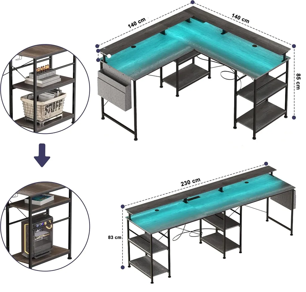 Scrivania Angolare Multifunzionale Tbfit - Luce LED 60.000 Colori, Alimentazione Integrata, Design Evolutivo per Gaming/Lavoro - 3