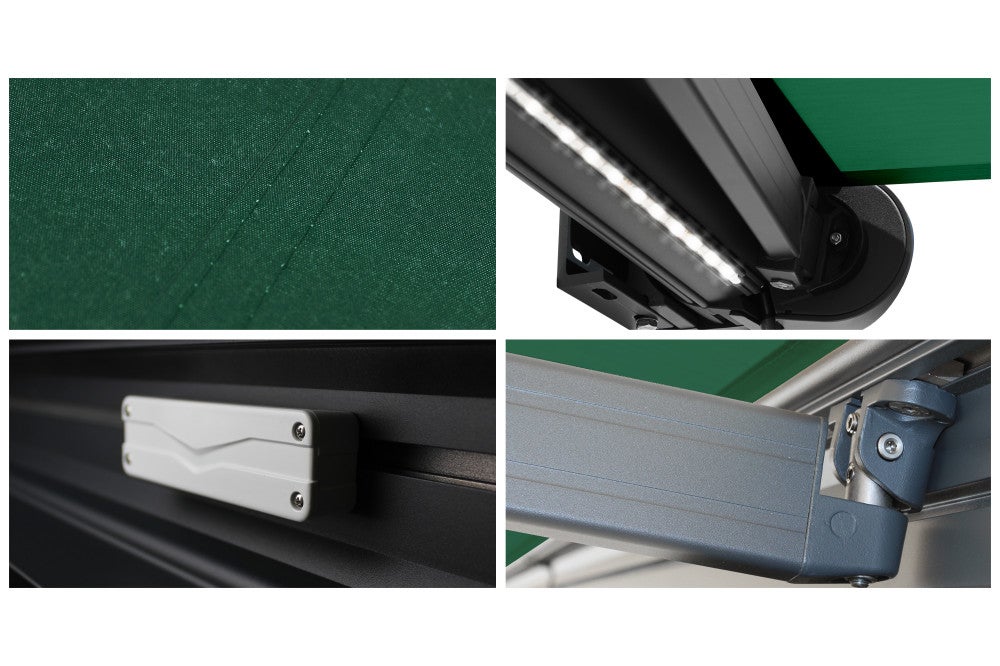 Store banne Coffre intégral PROTECT 2 LED SMART Gris Anthracite 5x3,5m Motorisé à télécommande + Capteur Vent + Eclairage LED - Toile Verte - 5