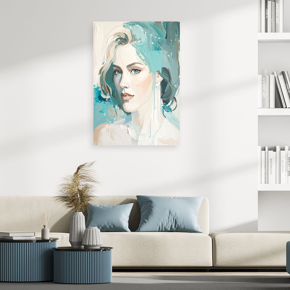 Obraz do salonu sypialni biura loftu, Abstrakcja Portret Kobiety w beżowo turkusowych kolorach 60x90 - 2