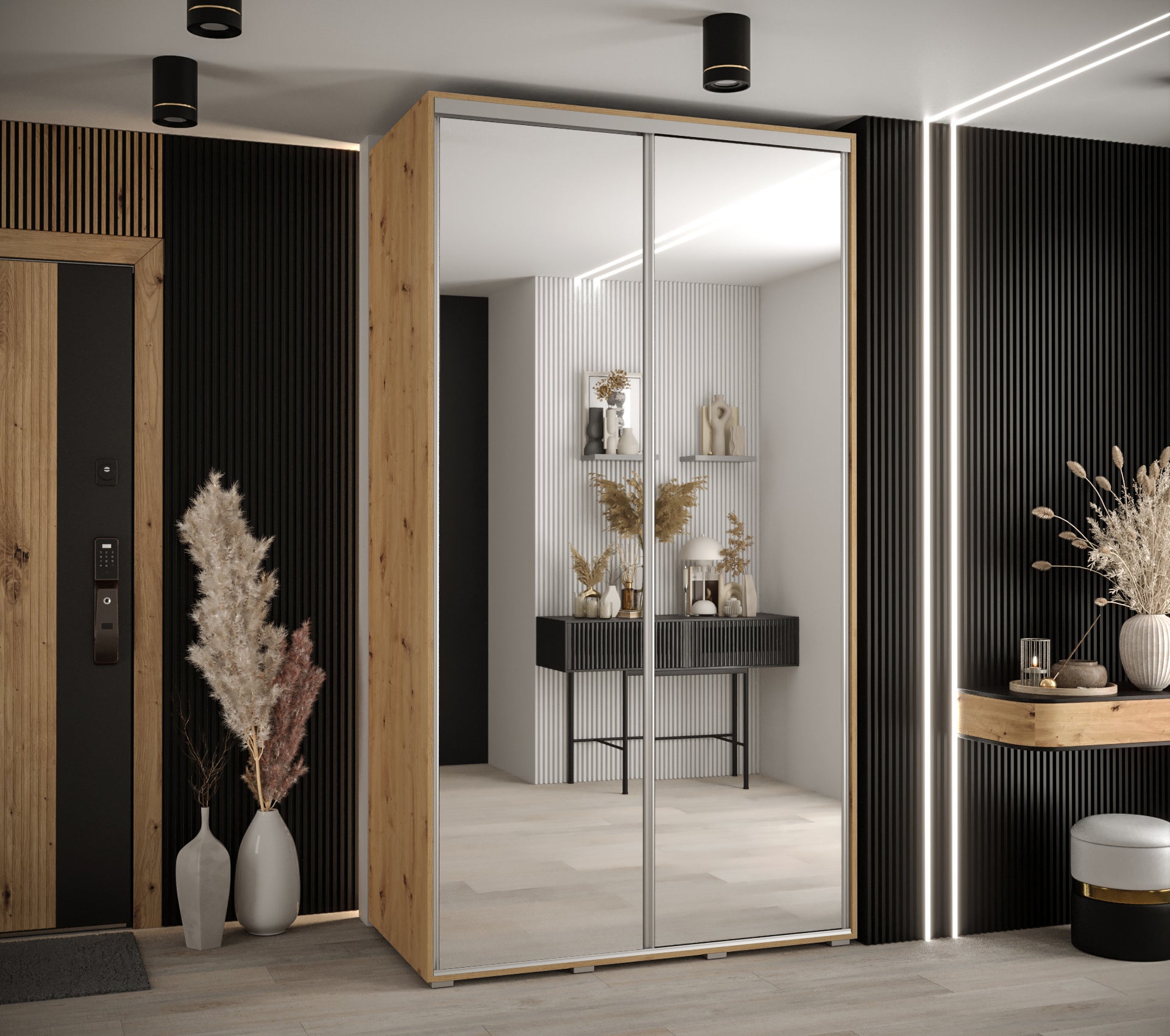 Szafa przesuwna z lustrem wysoka Davos 2 130 x 60 x 235,2 cm artisan + artisan + u. srebrny - Abiks Meble - 2