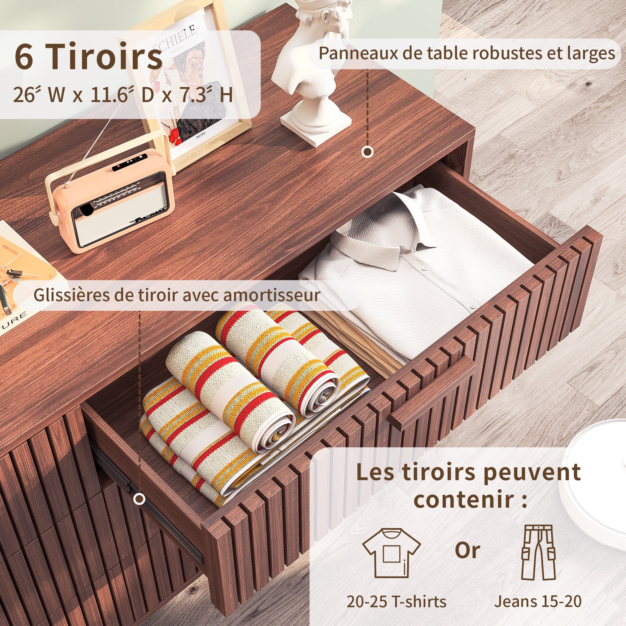 Commode - 6 tiroirs avec poignées - patins antidérapants+conception antidérapante en métal - B100 cm - grand espace de rangement - coloris noyer - 6