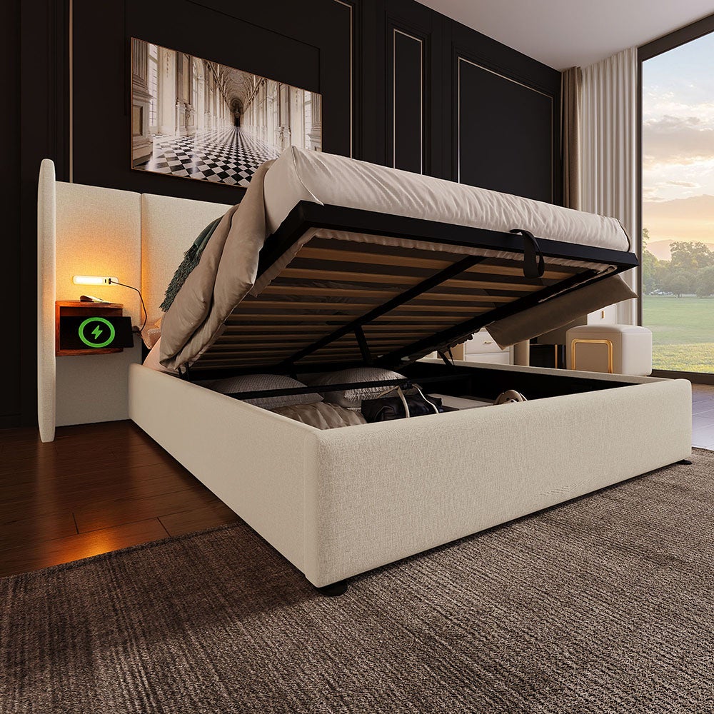 Lit double capitonné 160 x 200 avec table de chevet, liseuse et chargeur USB Type-C, beige, lin. - 4