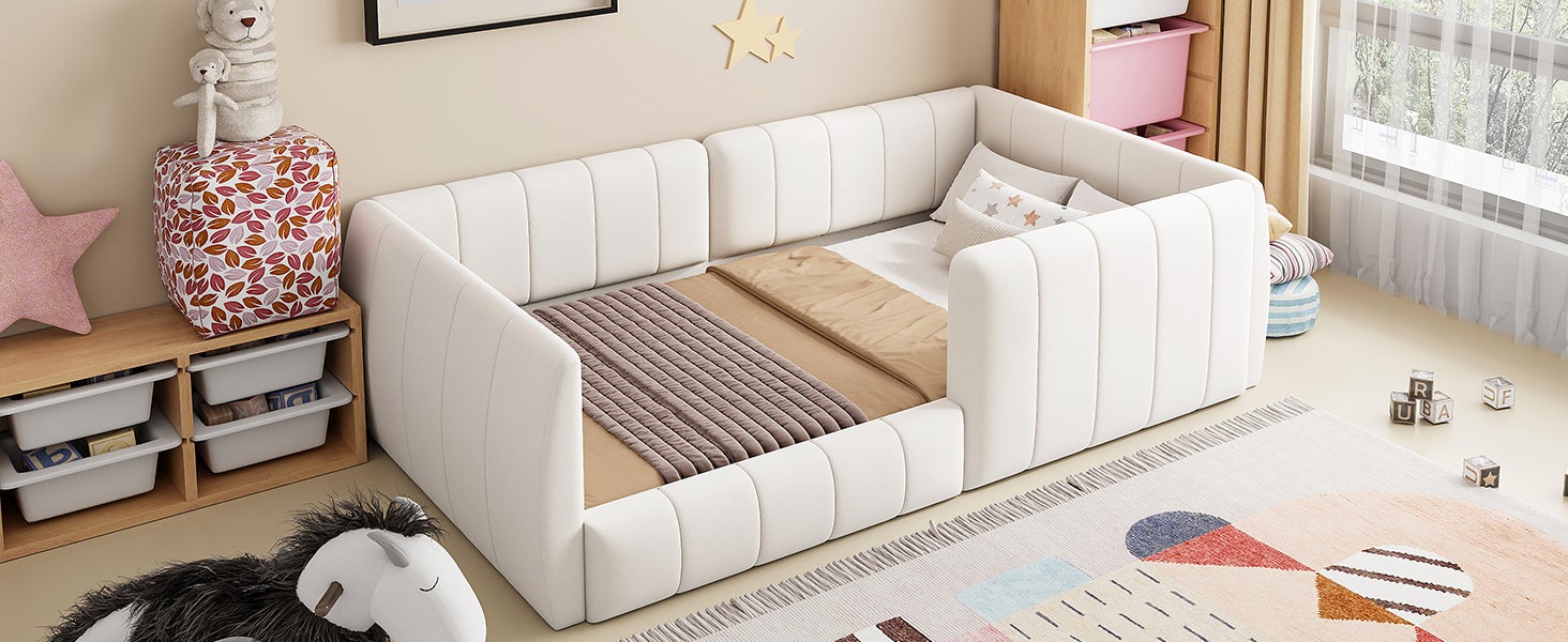Łóżko tapicerowane 90 x 200 cm z wyściełanym zagłówkiem - rama MDF i tkanina lniana - 12 listew - beżowe - 7