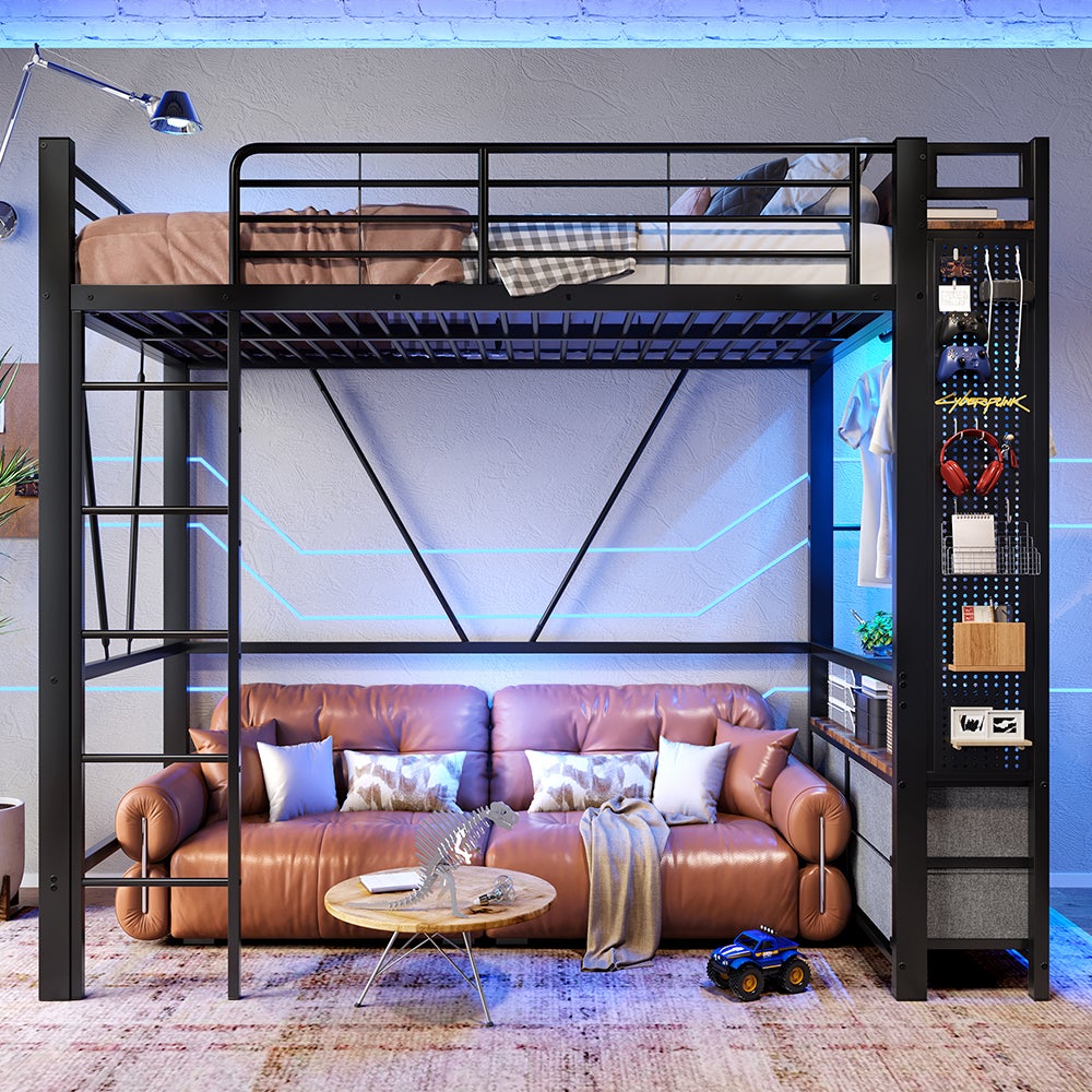 Łóżko na antresoli 90 x 200 cm, konstrukcja żelazna, z drążkiem na ubrania, półkami, szufladami, gniazdami USB + Type-C, paskiem LED, kolor czarny