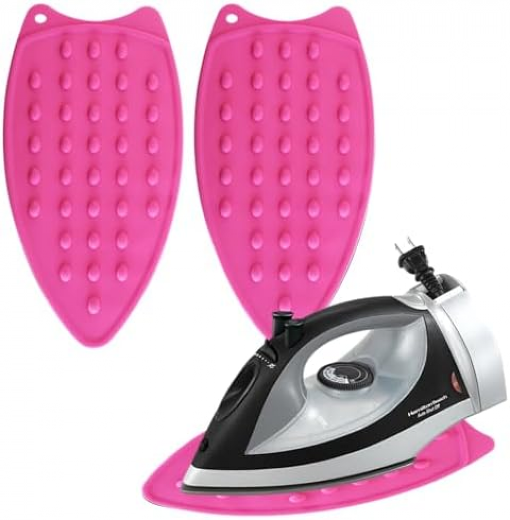 2 szt. uchwyt na żelazko i podkładka silikonowa, antypoślizgowa, odporna na ciepło mata pod żelazko, 27 x 14 cm (różowa)