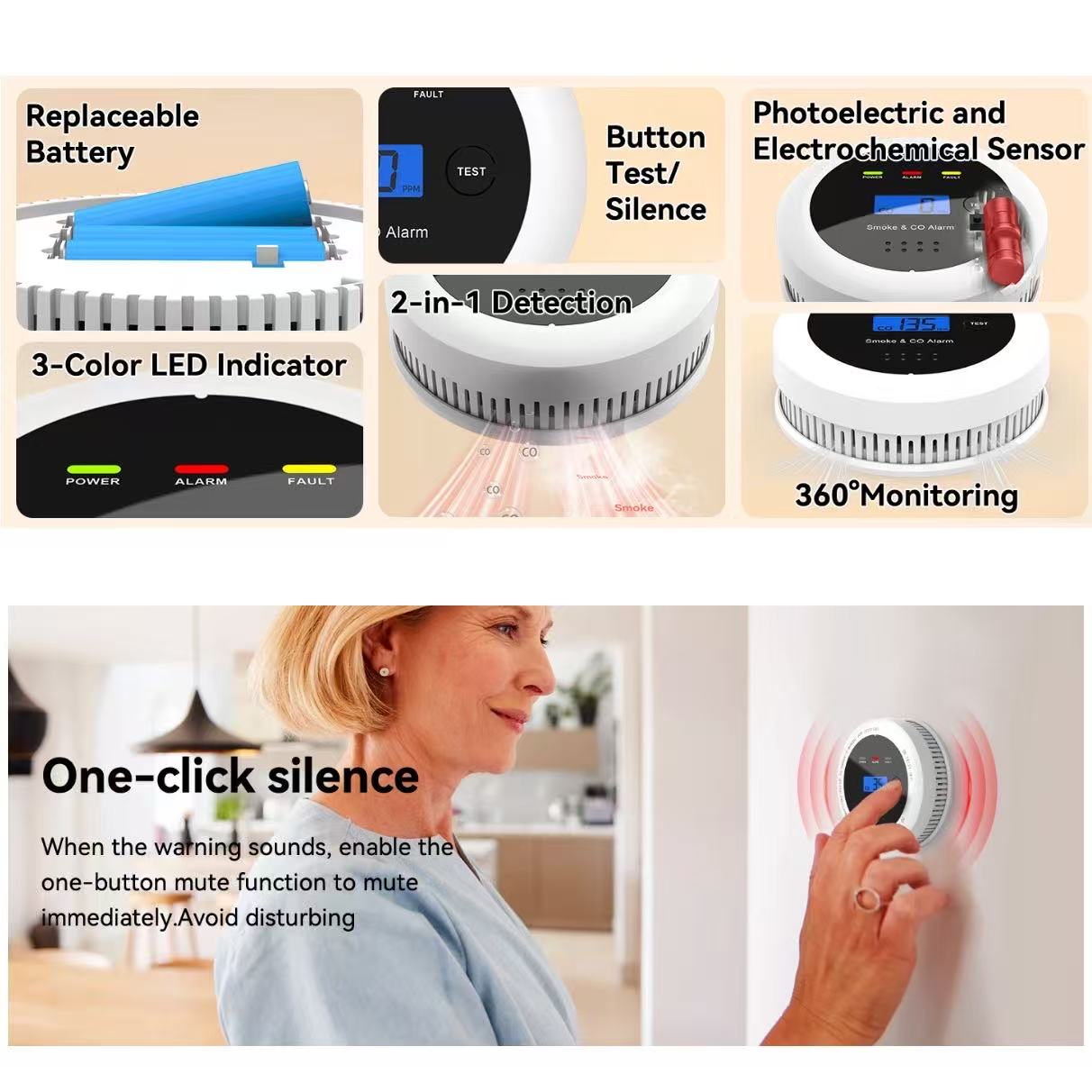 LOLLANDA Detector de humo, alarma de monóxido de carbono, alarma audible y visual de 85 decibeles, con pantalla LED, alarma de incendio. - 7