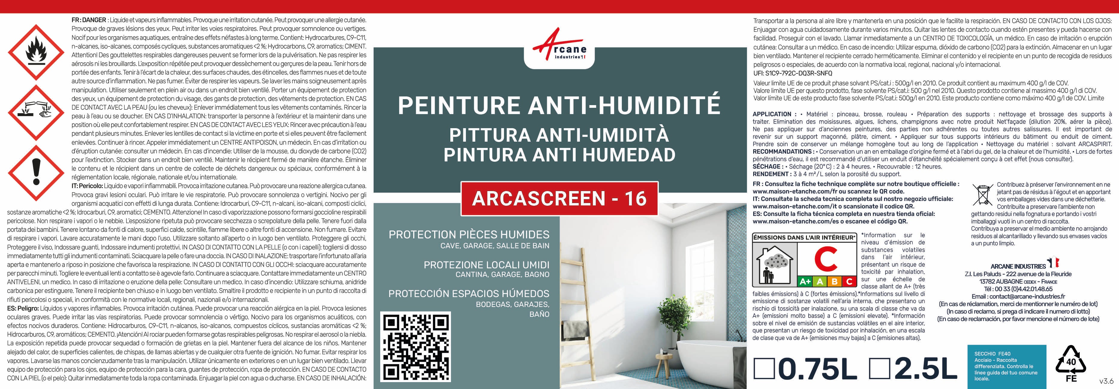 Peinture anti humidité mur humide salle de bain - ARCASCREEN - 0.75 L (jusqu'à 3 m²) - ARCANE INDUSTRIES - 7