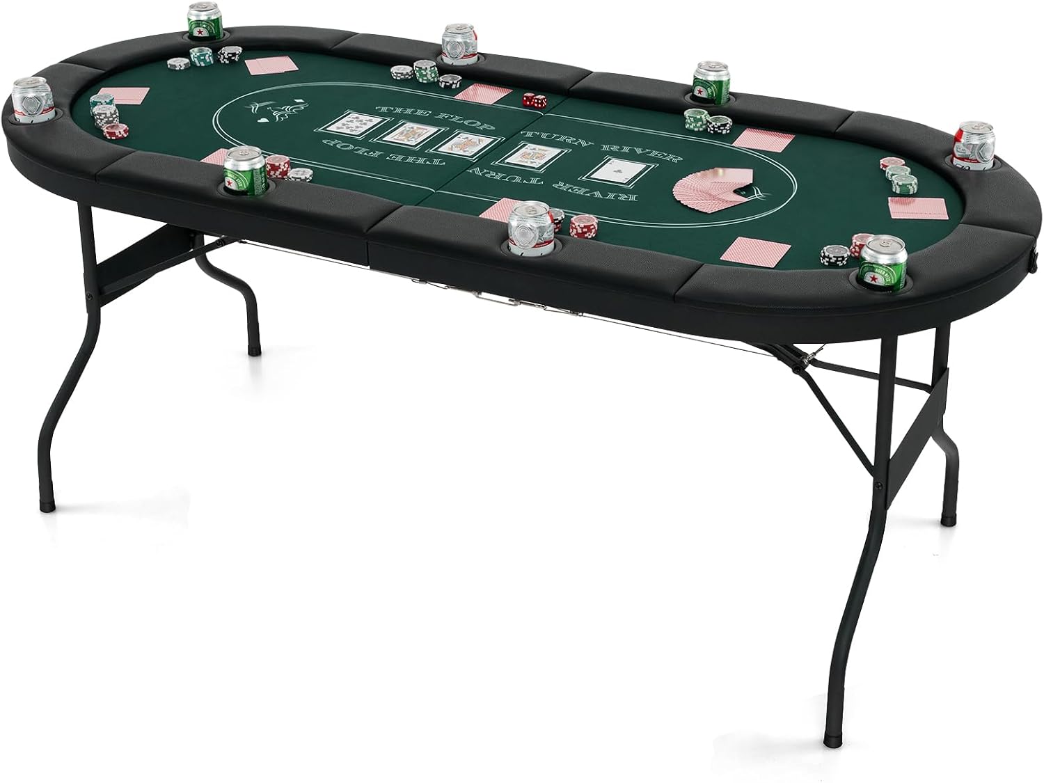 Składany Stół do Pokera dla 8 Graczy, Stół do Gier Towarzyskich 182cm, 8 Metalowych Uchwytów na Kubki, Wyściełane Poręcze, do Blackjacka Texas Hold'em