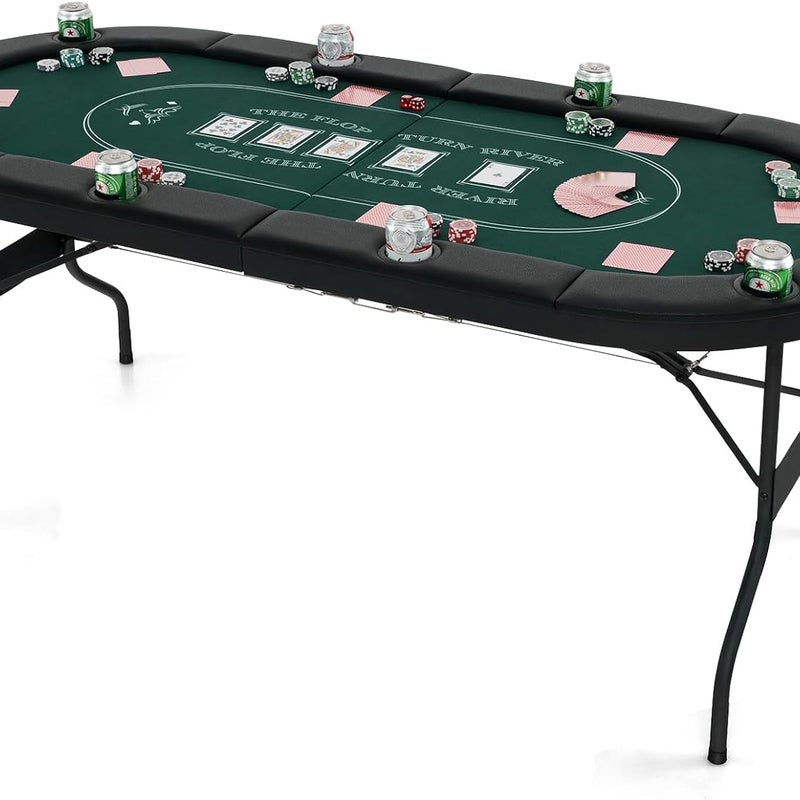 Składany Stół do Pokera dla 8 Graczy, Stół do Gier Towarzyskich 182cm, 8 Metalowych Uchwytów na Kubki, Wyściełane Poręcze, do Blackjacka Texas Hold'em