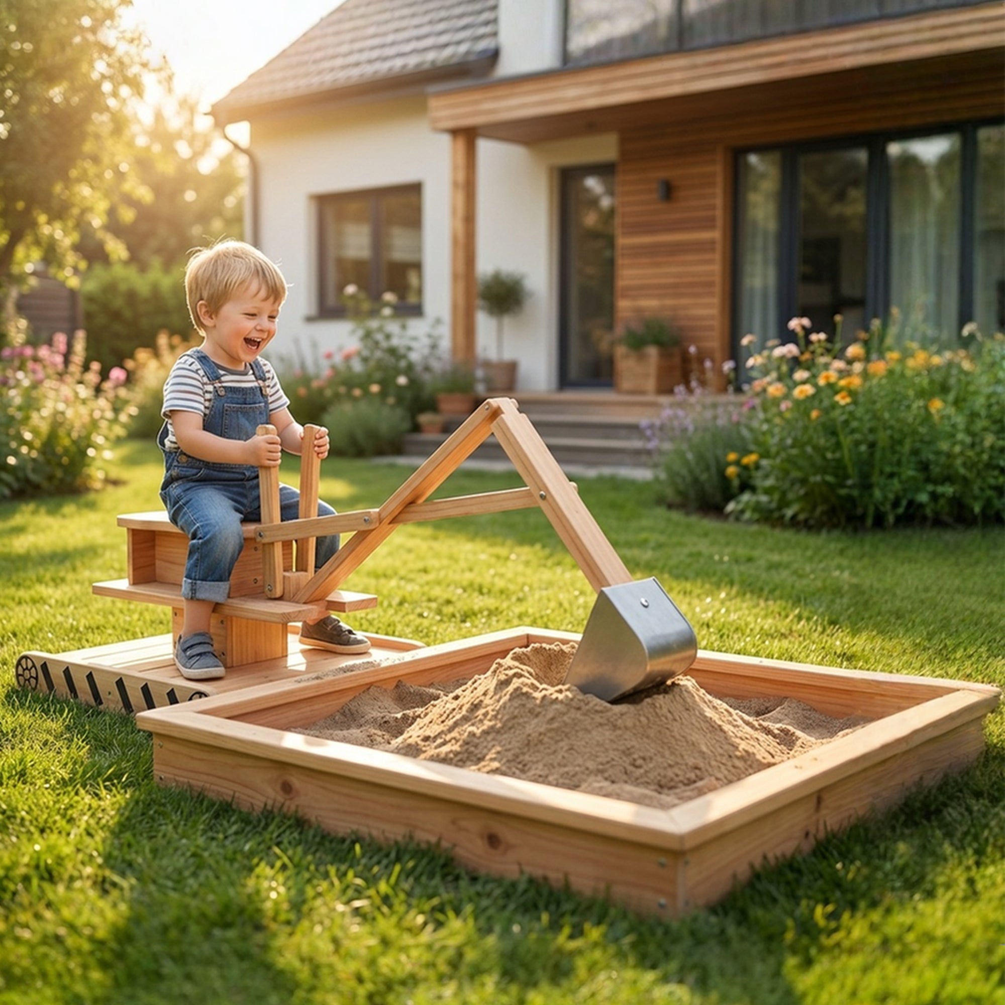 Bac à sable bois enfants 184x90x56cm avec pelle excavation, siège rotatif 360° et doublure, naturel - 3