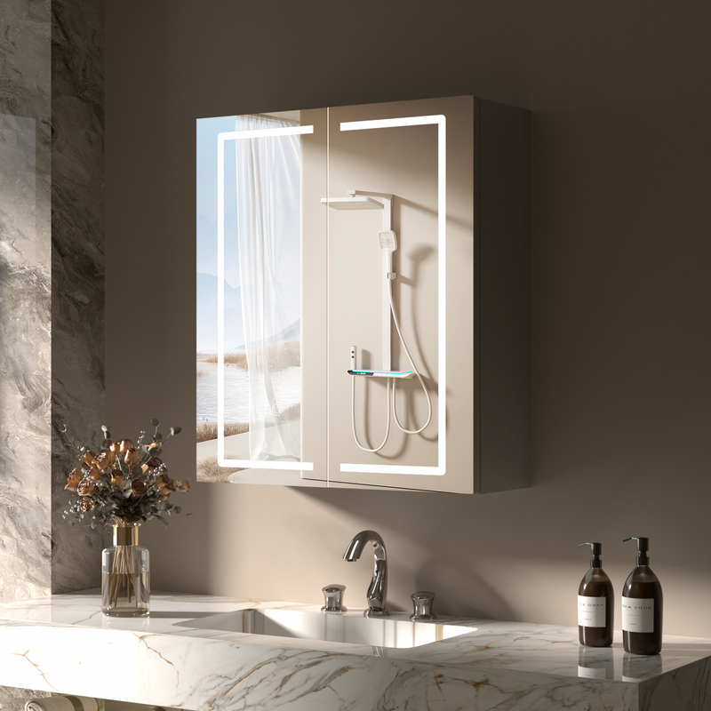Armario de baño con espejo led 60x70cm,armario de baño montado en la pared,enchufe,3 temperaturas color,estantes ajustables,totalmente montado