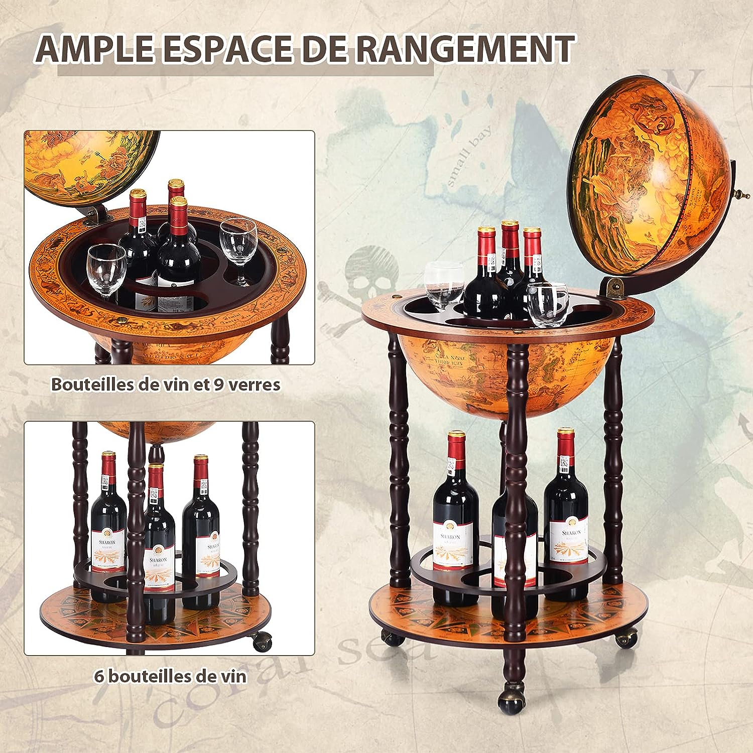 Globusowy barek w kształcie globusa, wózek barowy retro, globus na kółkach, 2 poziomy, drewniany stojak na wino, na wino, napoje alkoholowe