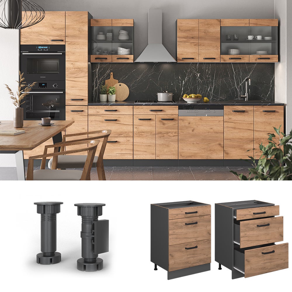 Vicco Meuble cuisine R-Line, Chêne de force doré, 60cm avec tiroirs, sans PT - 2