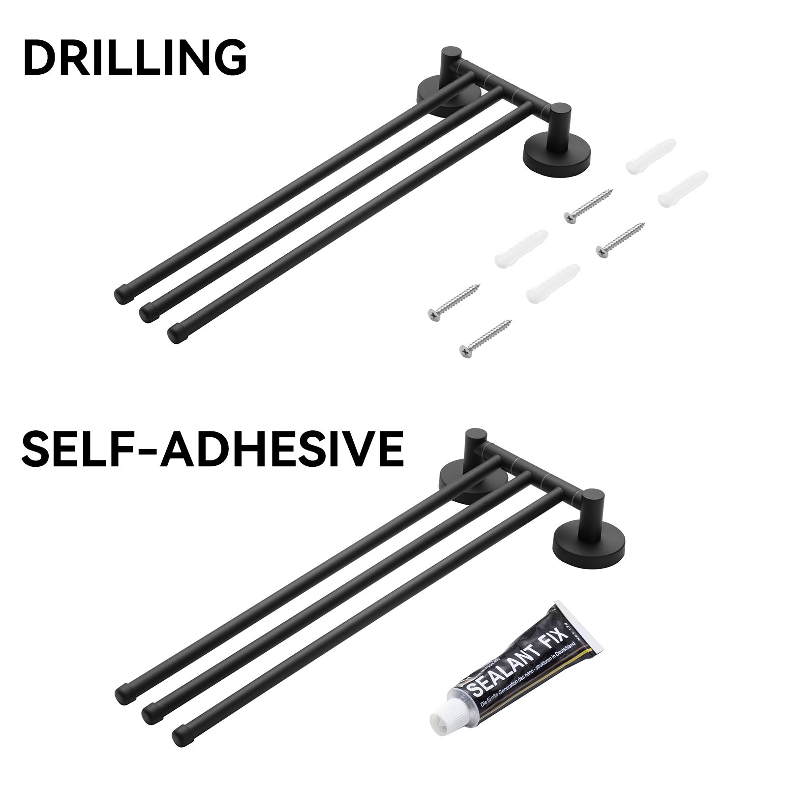 Auralum max Porte-serviettes pivotant à 3 bras,acier inoxydable pour salle bain,porte-serviettes mural peu encombrant,rotation à 180°(Noir) - 7