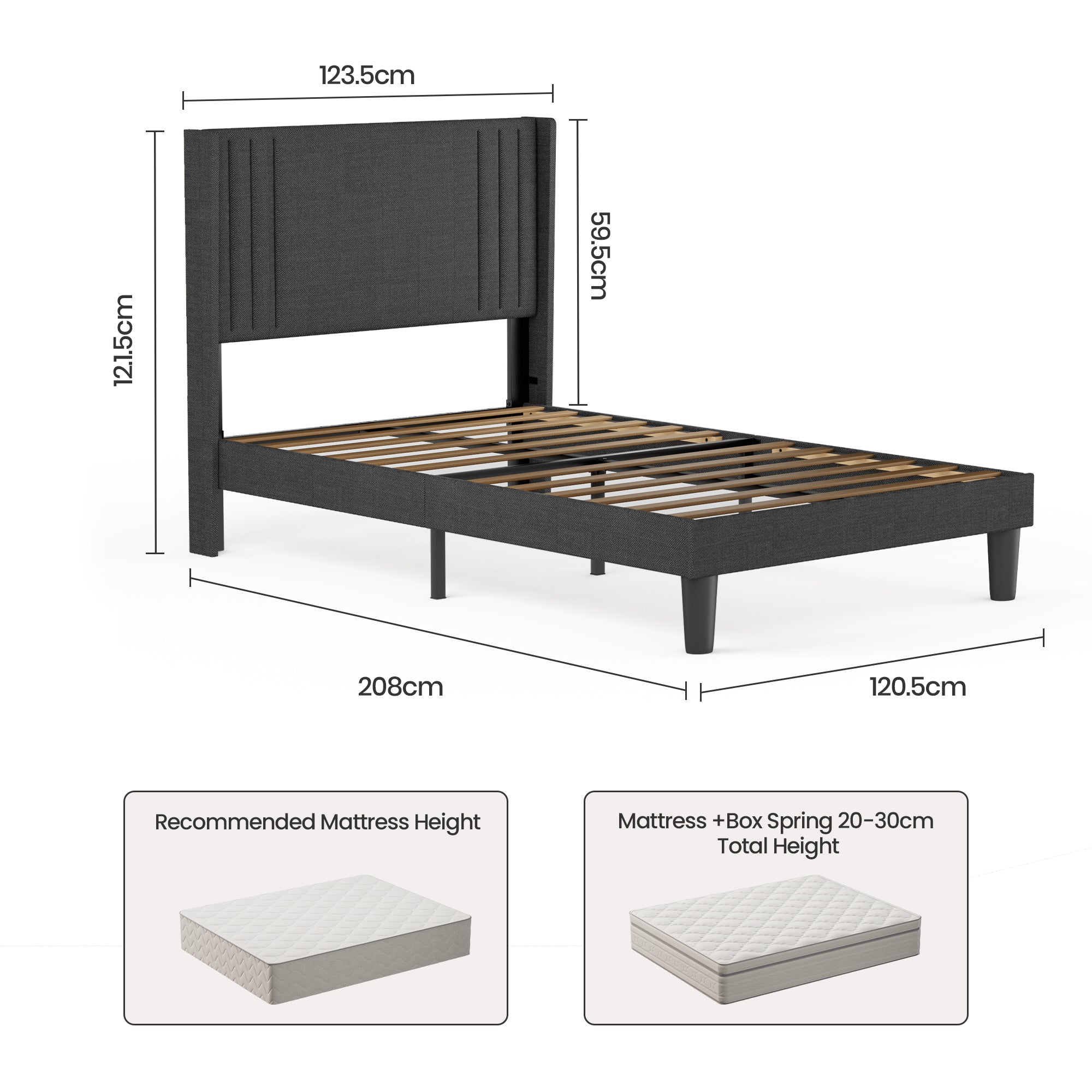 Lit Simple Capitonné 120 x 200 cm avec Tête de Lit pour Rangement Bealife Sommier à Lattes Tissu en Lin Lit Enfant Adolescent Gris Foncé - 3