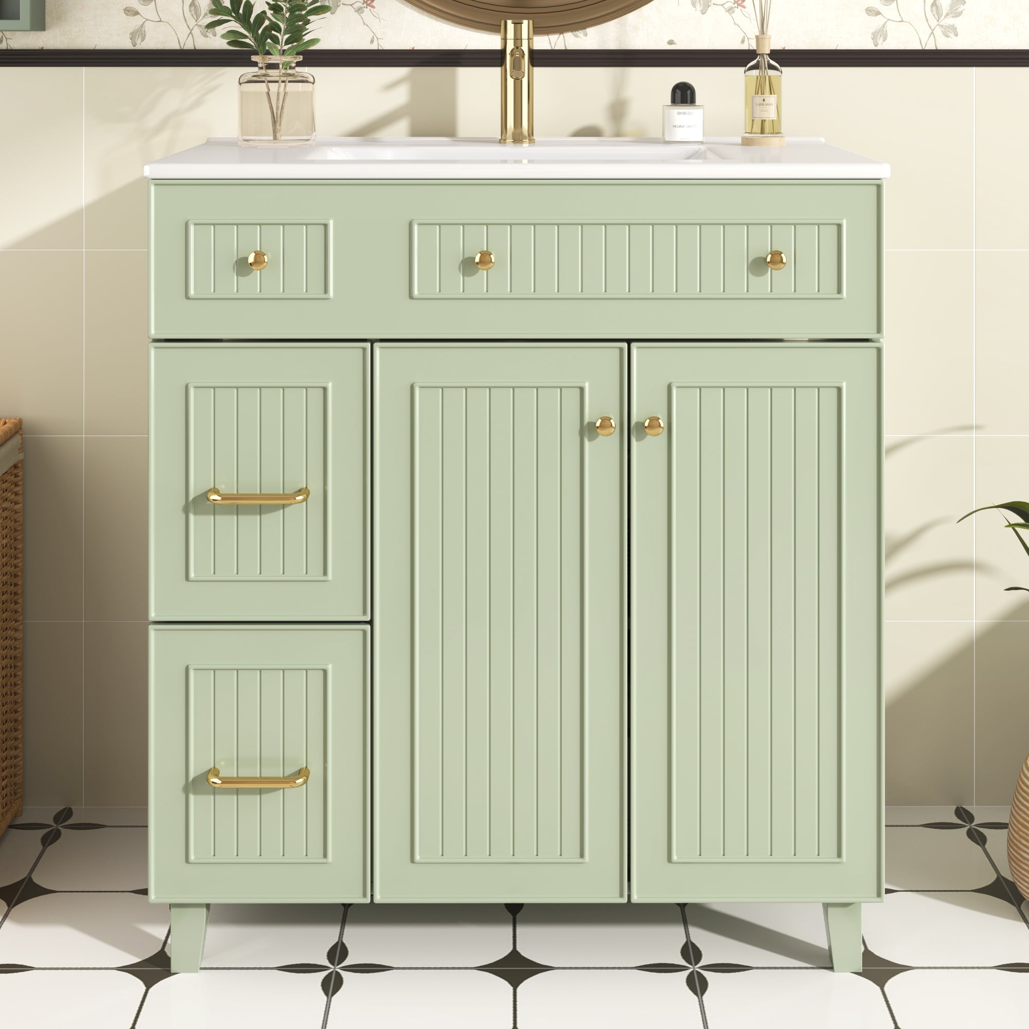 Mobile bagno con lavabo in ceramica - con 2 ante e 2 cassetti - verde (rubinetto non incluso) - 7