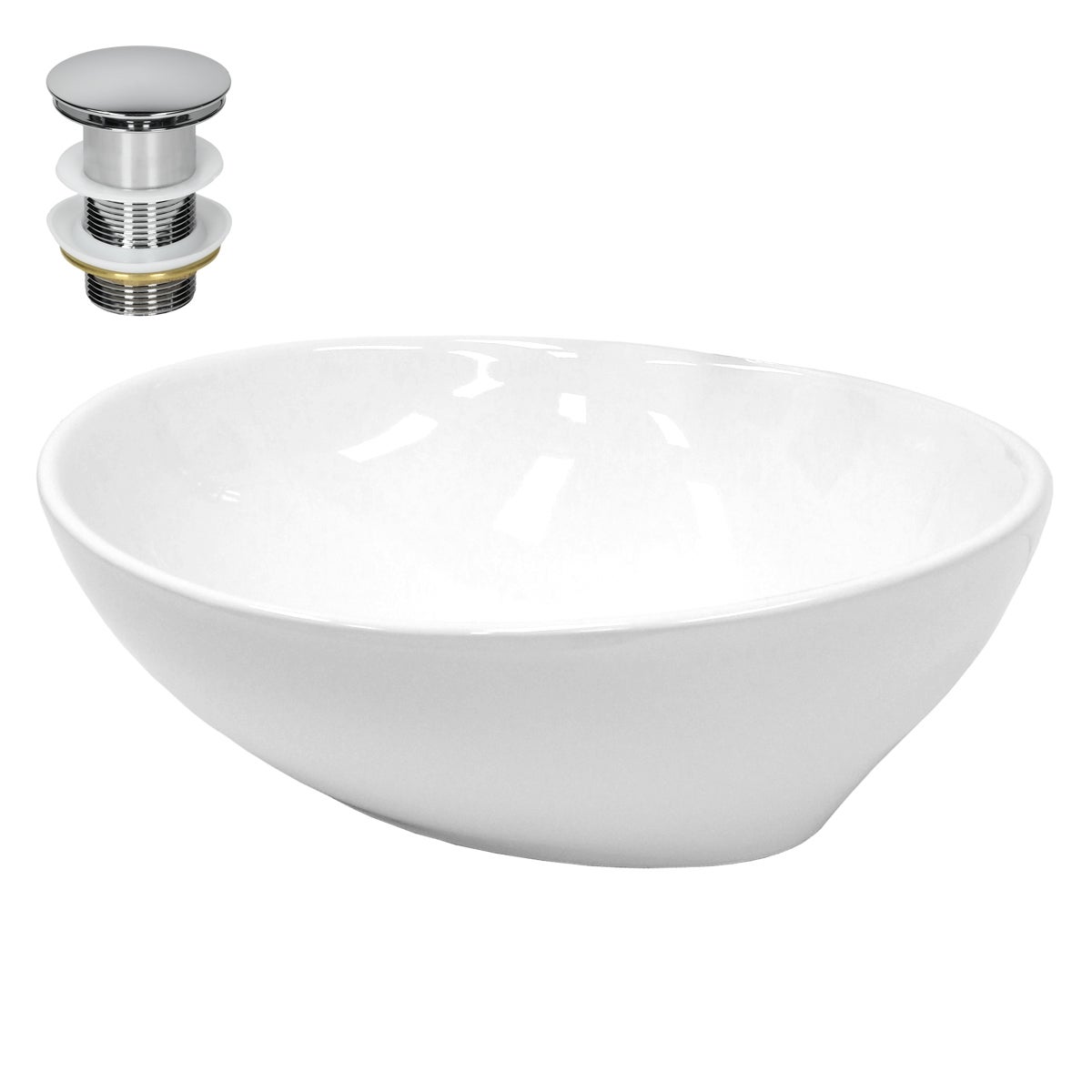 Lavoar de baie LuxeBath, 41x33x14,2 cm, ceramica, cu ventil pop-up cromat, fara orificiu pentru baterie si preaplin, chiuvetă cu montare pe blat, alb