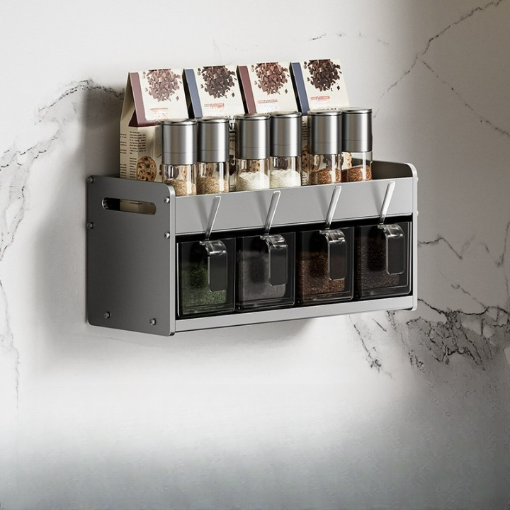 Półka kuchenna bez wiercenia, wielopoziomowa półka ścienna, stojak do przechowywania przypraw i przypraw, szary, 2 poziomy, 4 miski