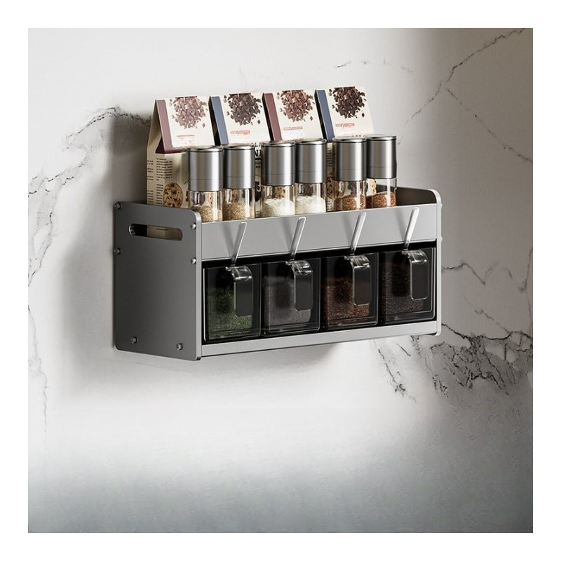 Półka kuchenna bez wiercenia, wielopoziomowa półka ścienna, stojak do przechowywania przypraw i przypraw, szary, 2 poziomy, 4 miski