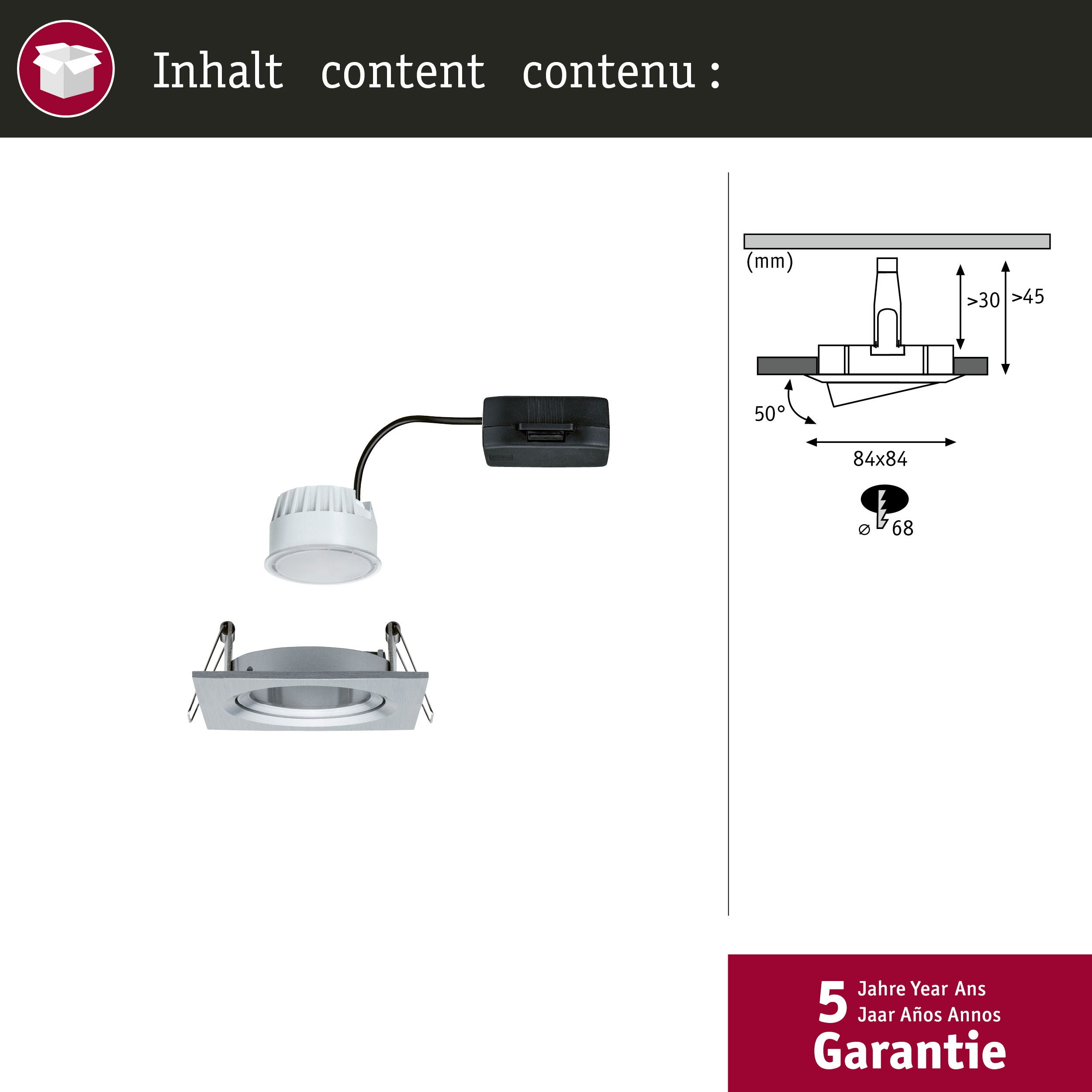 Spot encastré LED Nova Coin Luminaire individuel orientable carré 84x84mm 50° Coin 6W 470lm 230V 2700K Alu tourné - 4