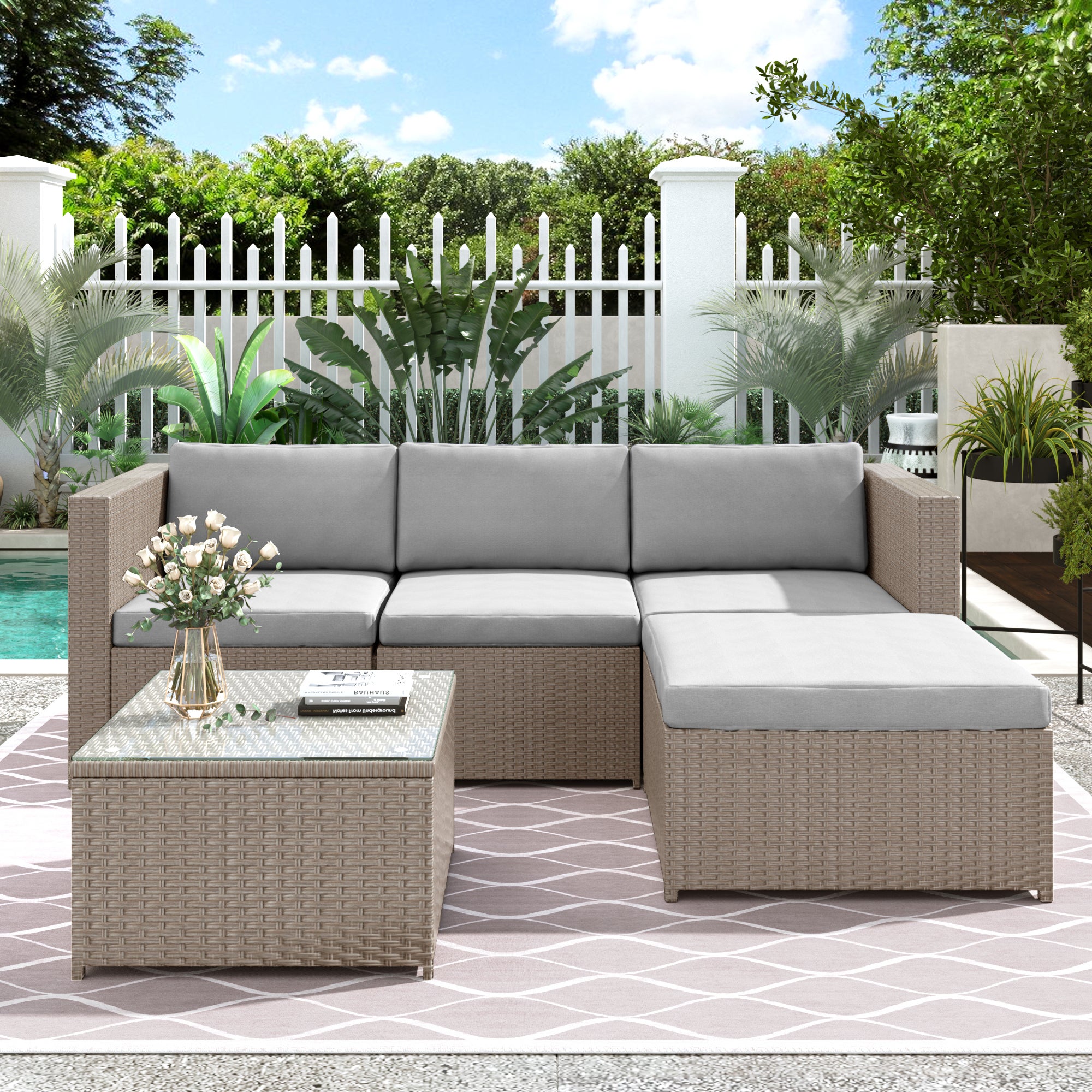 Salon de Jardin Exterieur en Rotin, Table de Jardin Exterieur avec Chaise, Canapé de Salon d'angle 4 Places avec Coussins et Table en Verre, Khaki - 3