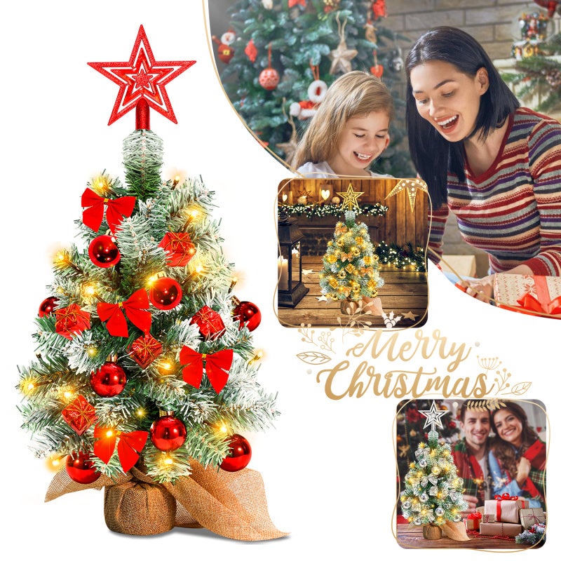 40 cm choinka stołowa, miniaturowe sztuczne choinki ze światłem, czubkiem i ozdobami choinkowymi, ozdoby świąteczne, kolor czerwony - 8