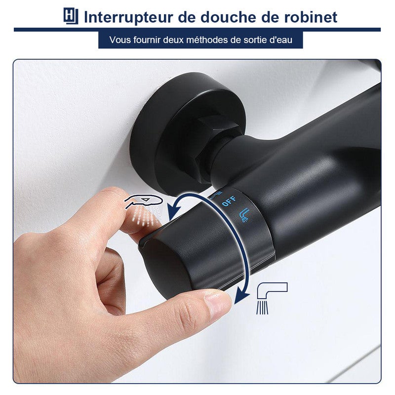 Colonne de Douche Noir avec Mitigeur Thermostatique Cascade, Ensemble Douche en Laiton pour Baignoire, Hauteur Réglable Sans Percement Supplémentaire - 3