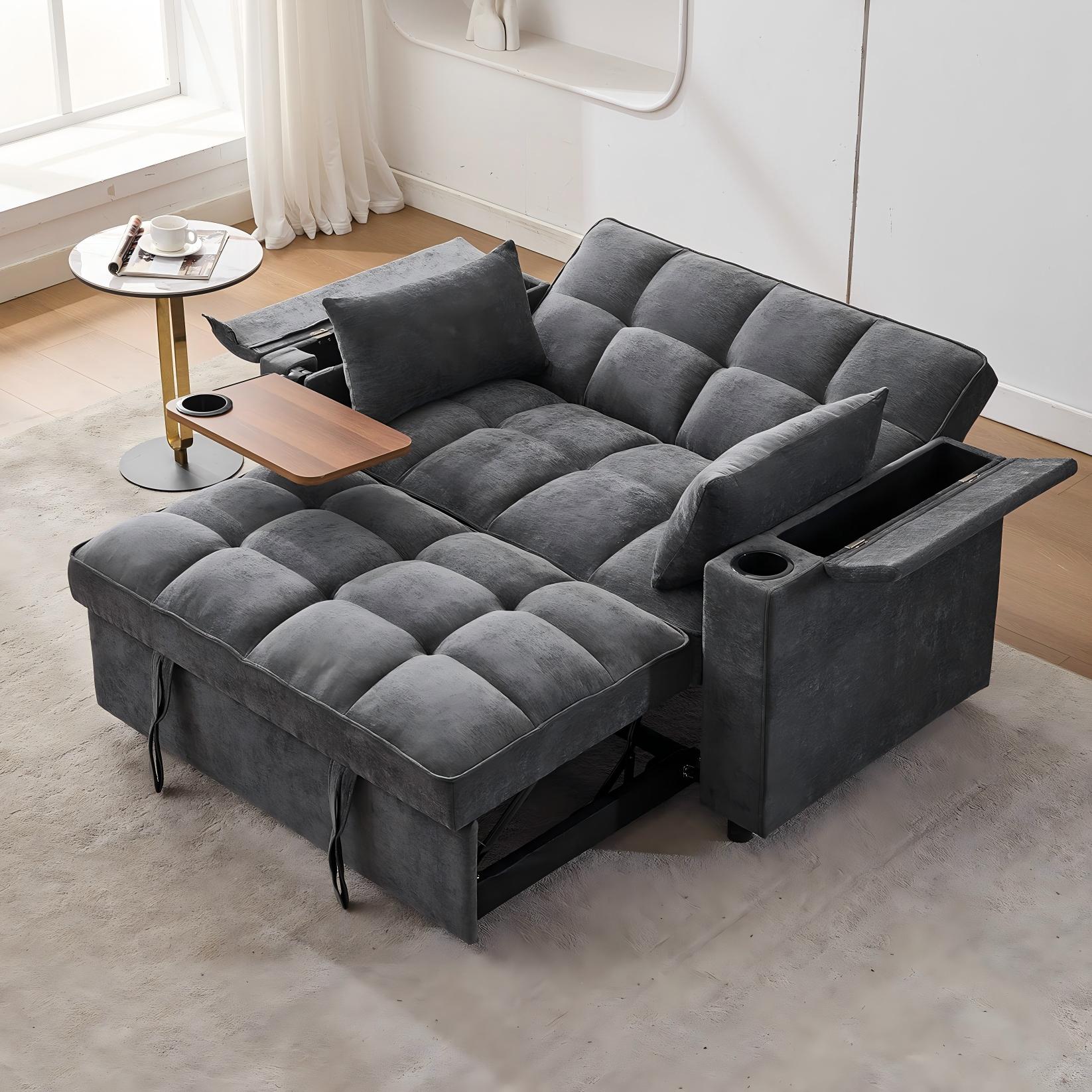 Sofa 2-osobowa rozkładana 140,5x74x82 cm - Regulowane oparcie - Port USB - Uchwyt na kubek - Mały stolik boczny - Szary