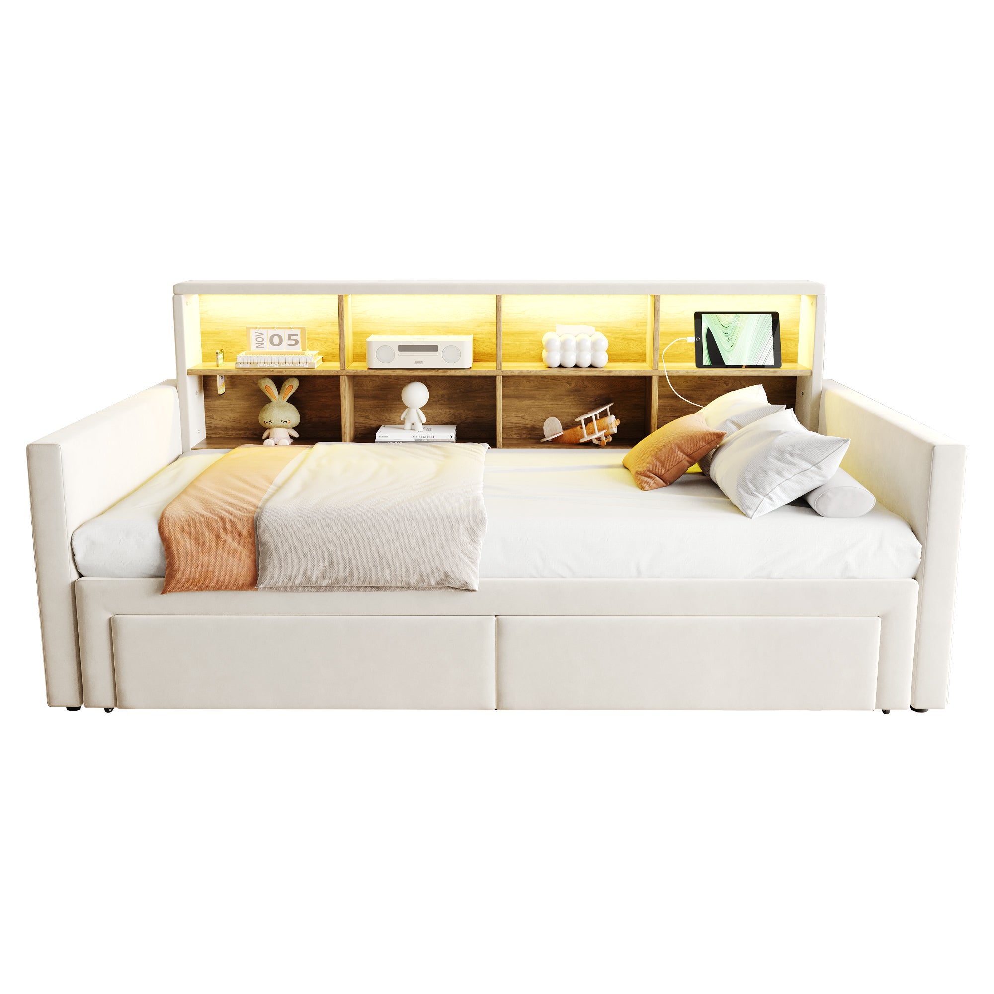 Rozkładana sofa z poduszkami 90x190 cm - Oświetlenie LED - z gniazdem ładowania - dwie szuflady - stelaż lamelowy - welur - beżowy - 7