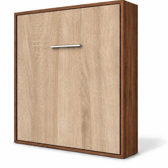 Lit escamotable vertical KOLA-Avec matelas-160x200-Cadre Noyer-Façade Chêne clair