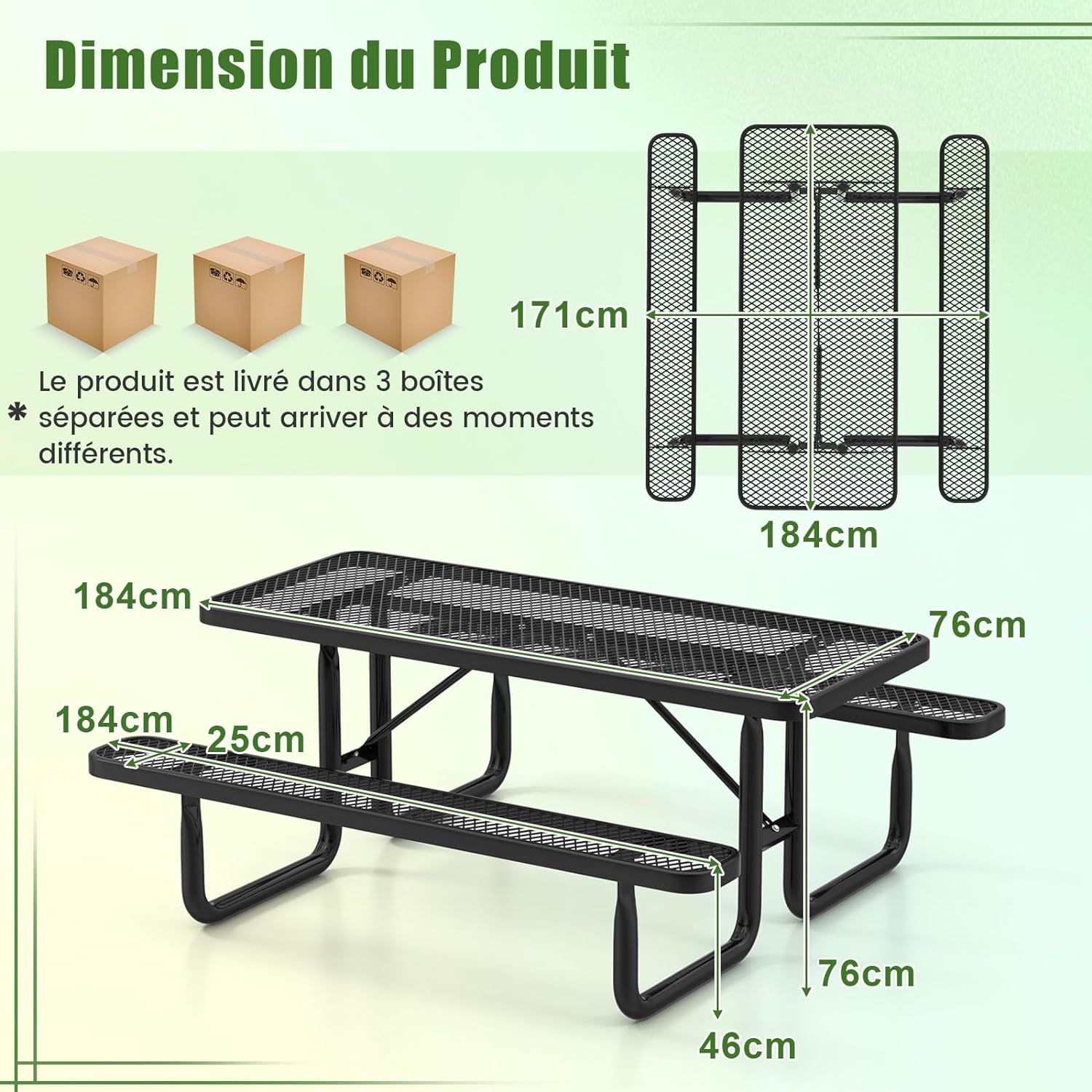 Set Tavolo da Picnic e Panca per 8 Persone, Tavolo da Campeggio Rettangolare da 184 cm e con Sedute e Griglia a Maglia, Tavolo da Esterno per - 5
