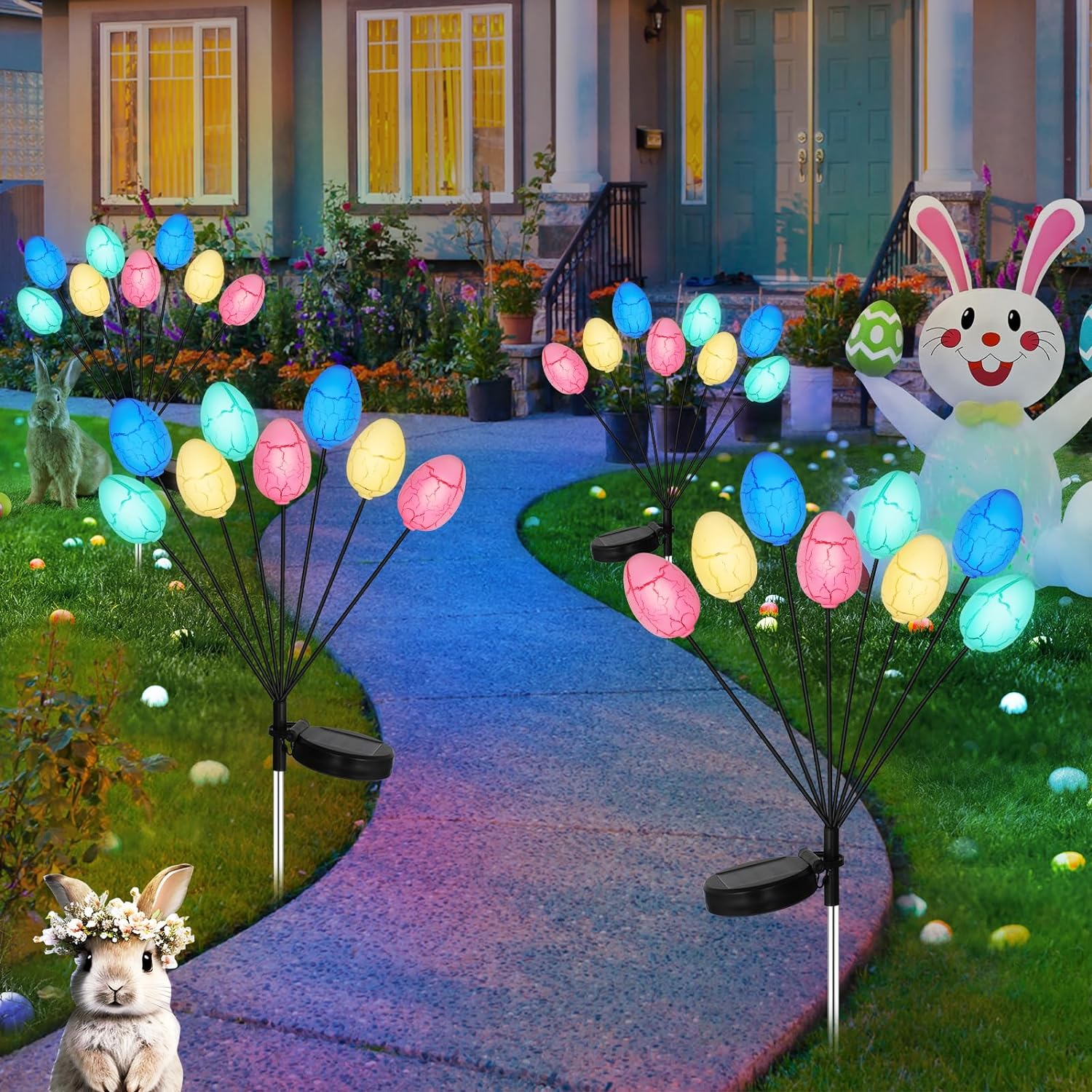 Solarne lampki w kształcie jajek wielkanocnych z diodami LED kolorowe zewnętrzne lampki wielkanocne do ogrodu wodoodporne lampki solarne na paliku