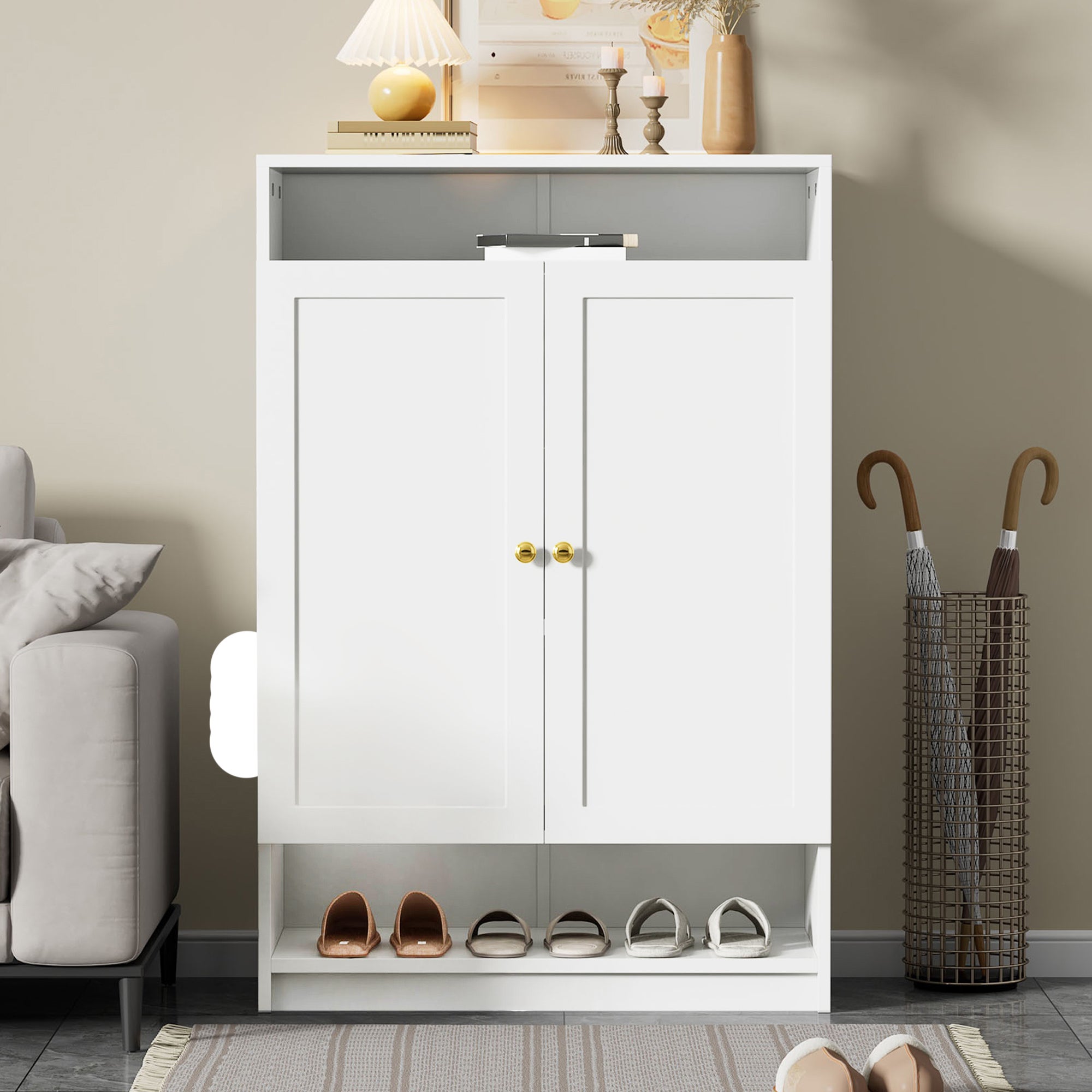 Stilvora  Zapatero Con Estantes Regulables, Tiradores /2 Puertas, Tablero De Partículas, 73X34x109 Cm, Dorados/Blanco , Leroy Merlin